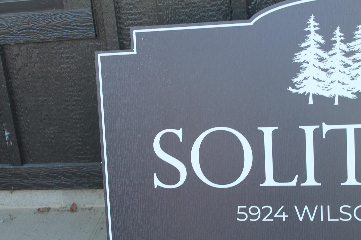 Trees Solitude Getaway Rental Property Contour Custom Sign Your Logo PVC All Weather Sturdy Outdoor Fade Mold Resistant Personalized Printed