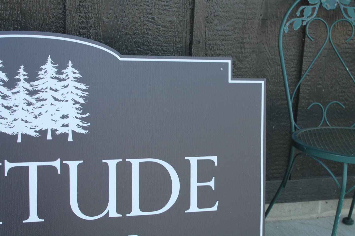 Trees Solitude Getaway Rental Property Contour Custom Sign Your Logo PVC All Weather Sturdy Outdoor Fade Mold Resistant Personalized Printed