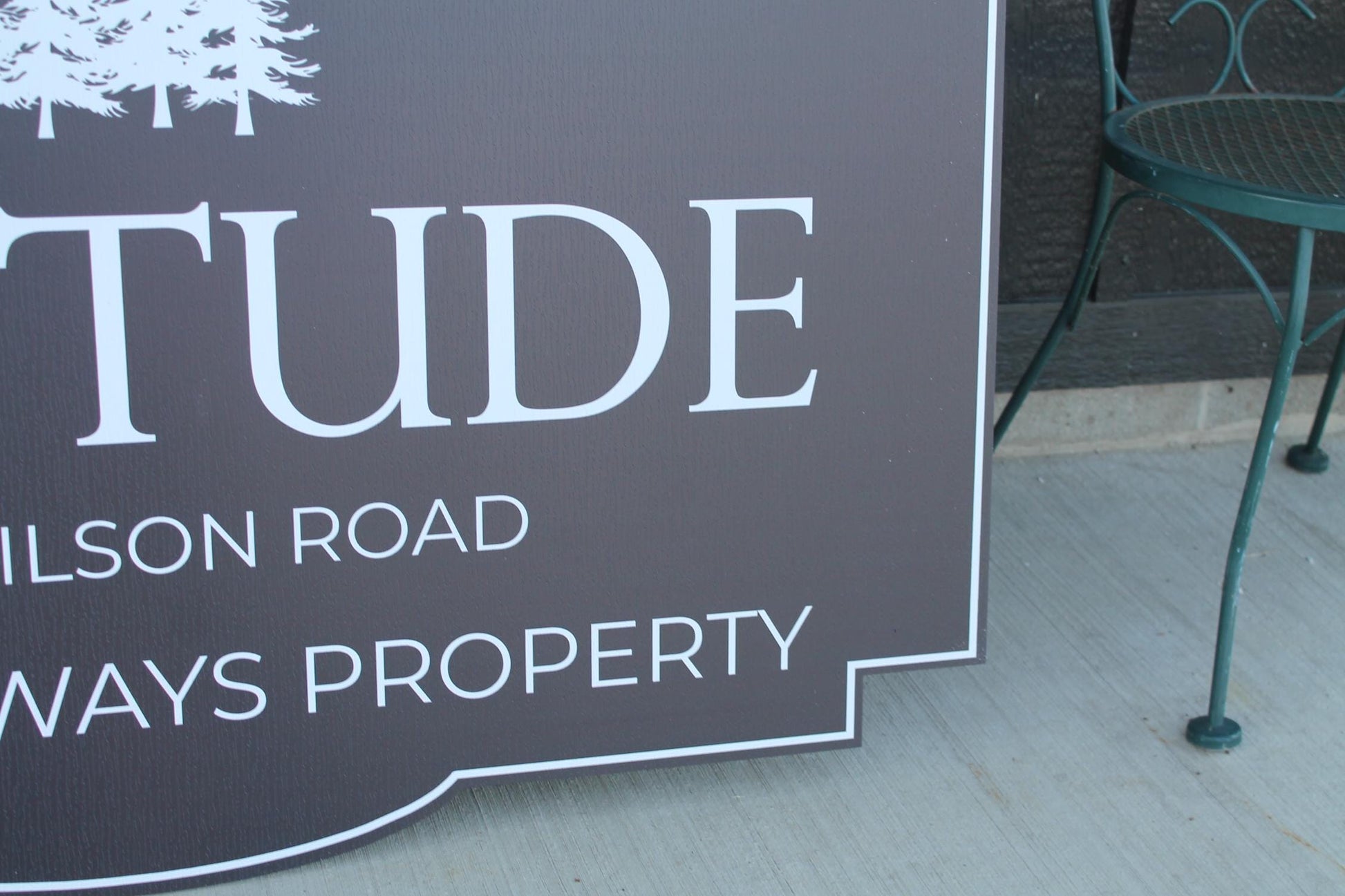 Trees Solitude Getaway Rental Property Contour Custom Sign Your Logo PVC All Weather Sturdy Outdoor Fade Mold Resistant Personalized Printed