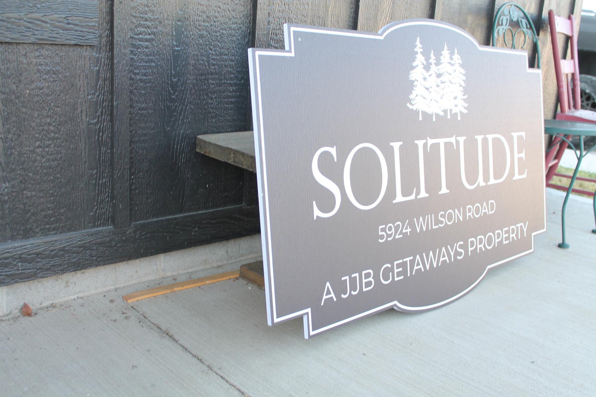 Trees Solitude Getaway Rental Property Contour Custom Sign Your Logo PVC All Weather Sturdy Outdoor Fade Mold Resistant Personalized Printed