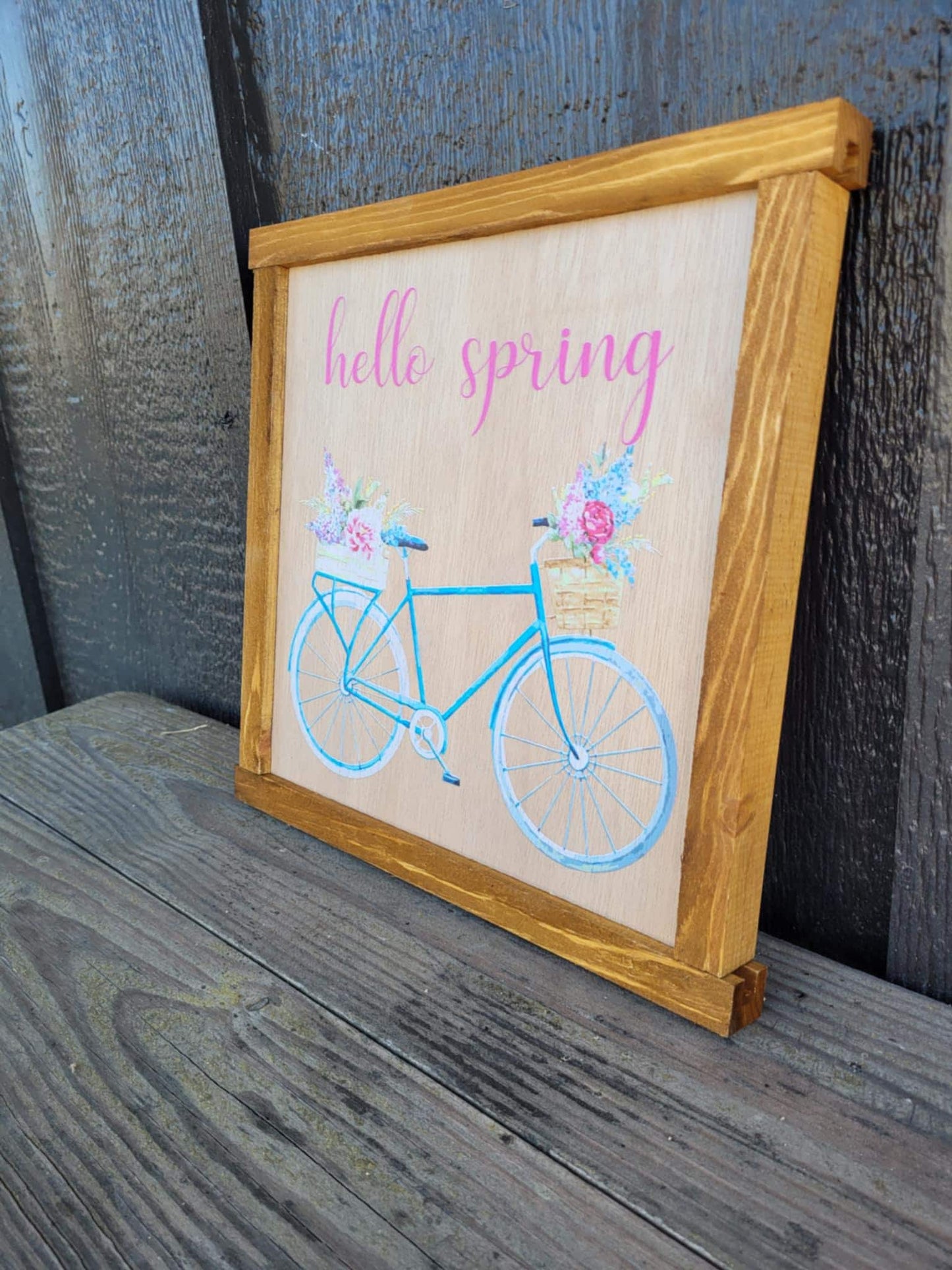 Happy Hello Spring Bike Flowers Colorful primitive farm decor Wall Art Bicycle Basket made from wood outdoor hang in garden flower