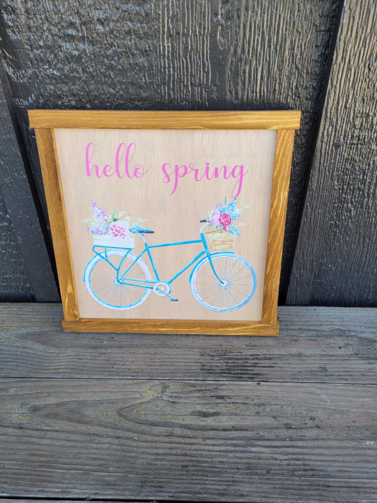 Happy Hello Spring Bike Flowers Colorful primitive farm decor Wall Art Bicycle Basket made from wood outdoor hang in garden flower