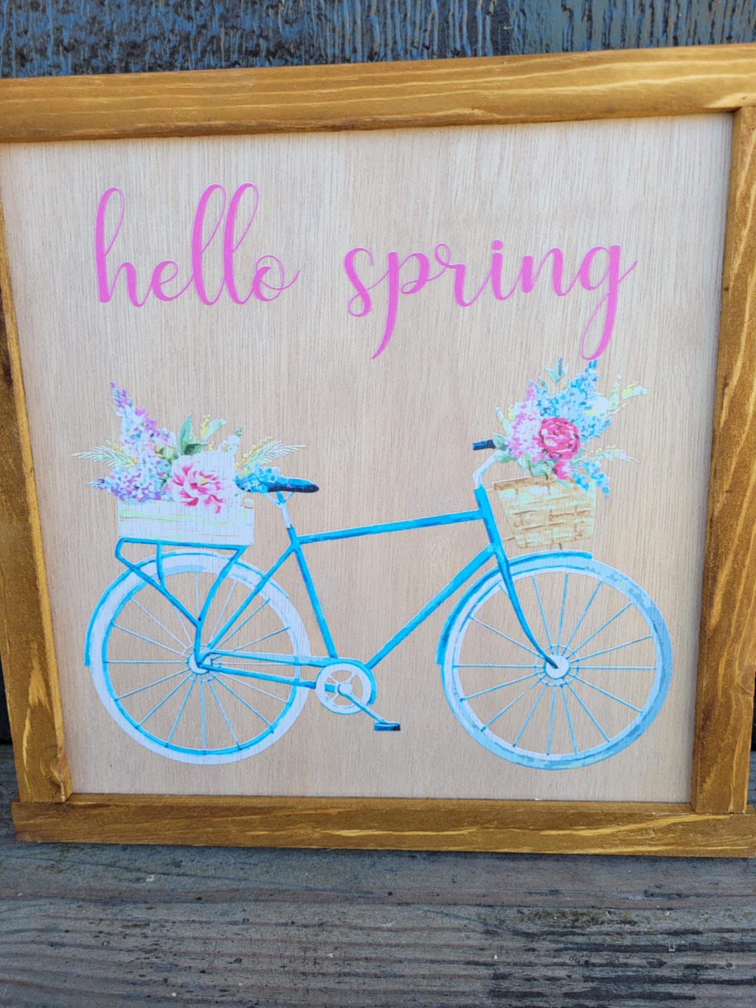 Happy Hello Spring Bike Flowers Colorful primitive farm decor Wall Art Bicycle Basket made from wood outdoor hang in garden flower
