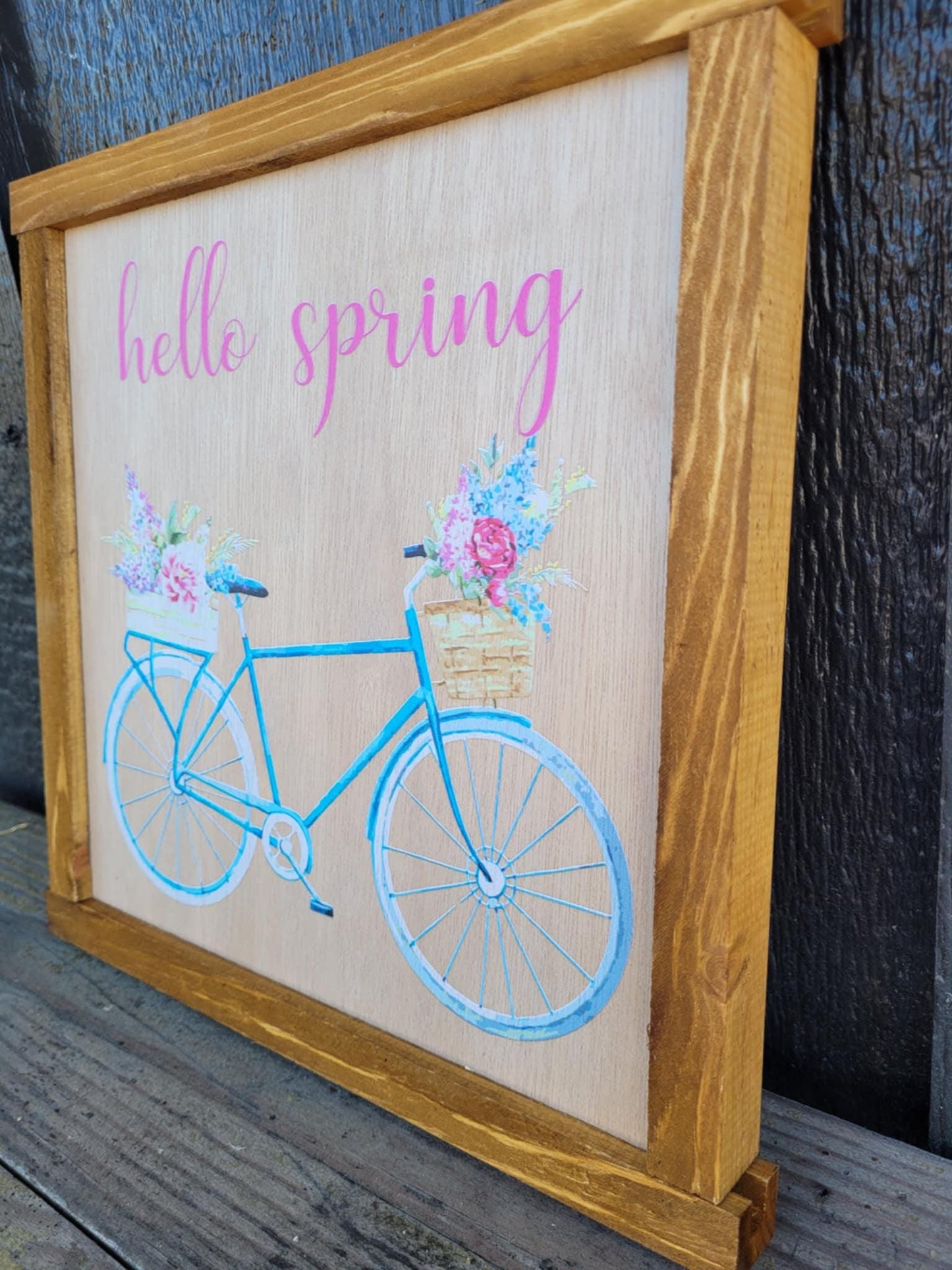 Happy Hello Spring Bike Flowers Colorful primitive farm decor Wall Art Bicycle Basket made from wood outdoor hang in garden flower