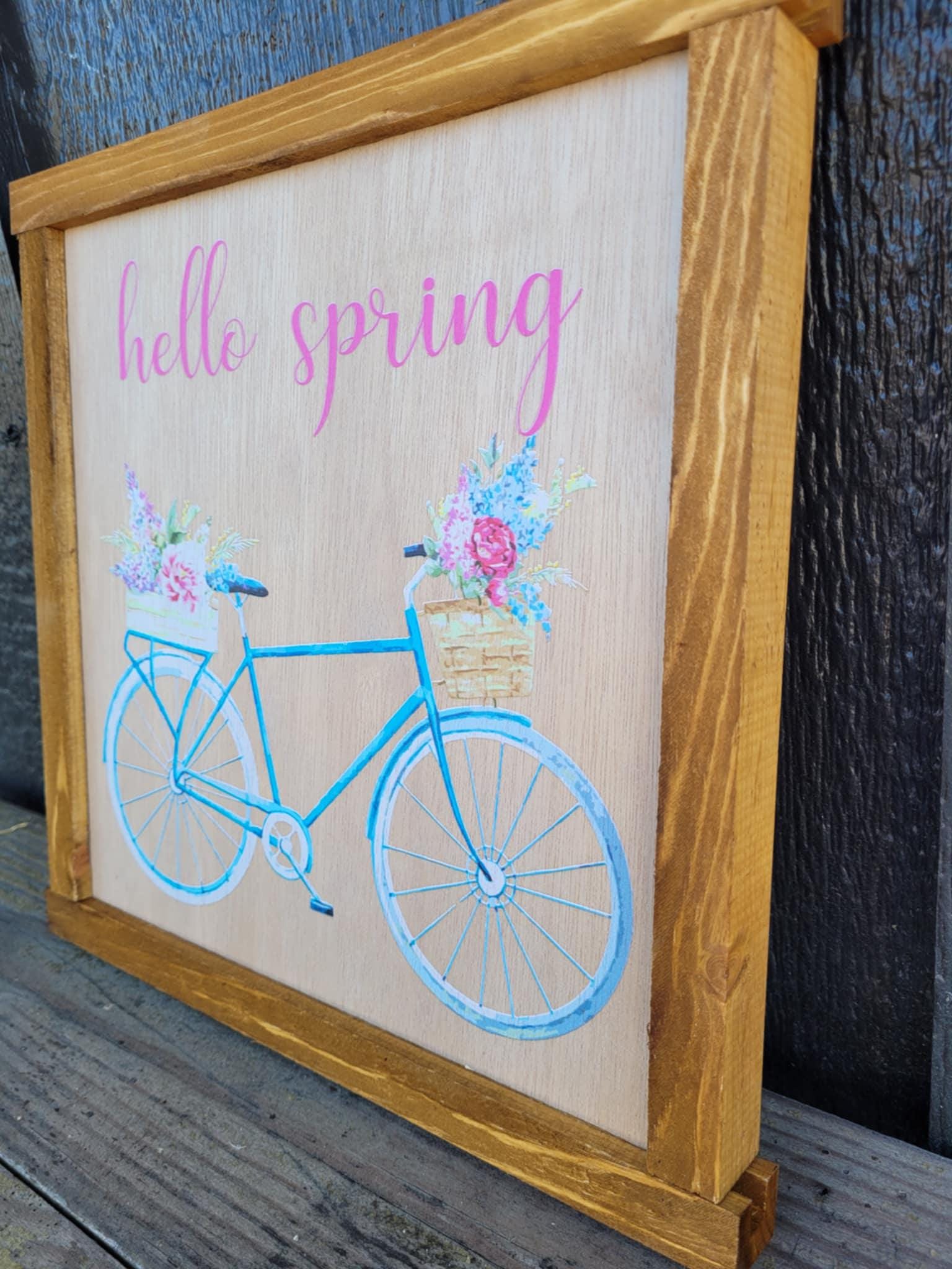 Happy Hello Spring Bike Flowers Colorful primitive farm decor Wall Art Bicycle Basket made from wood outdoor hang in garden flower