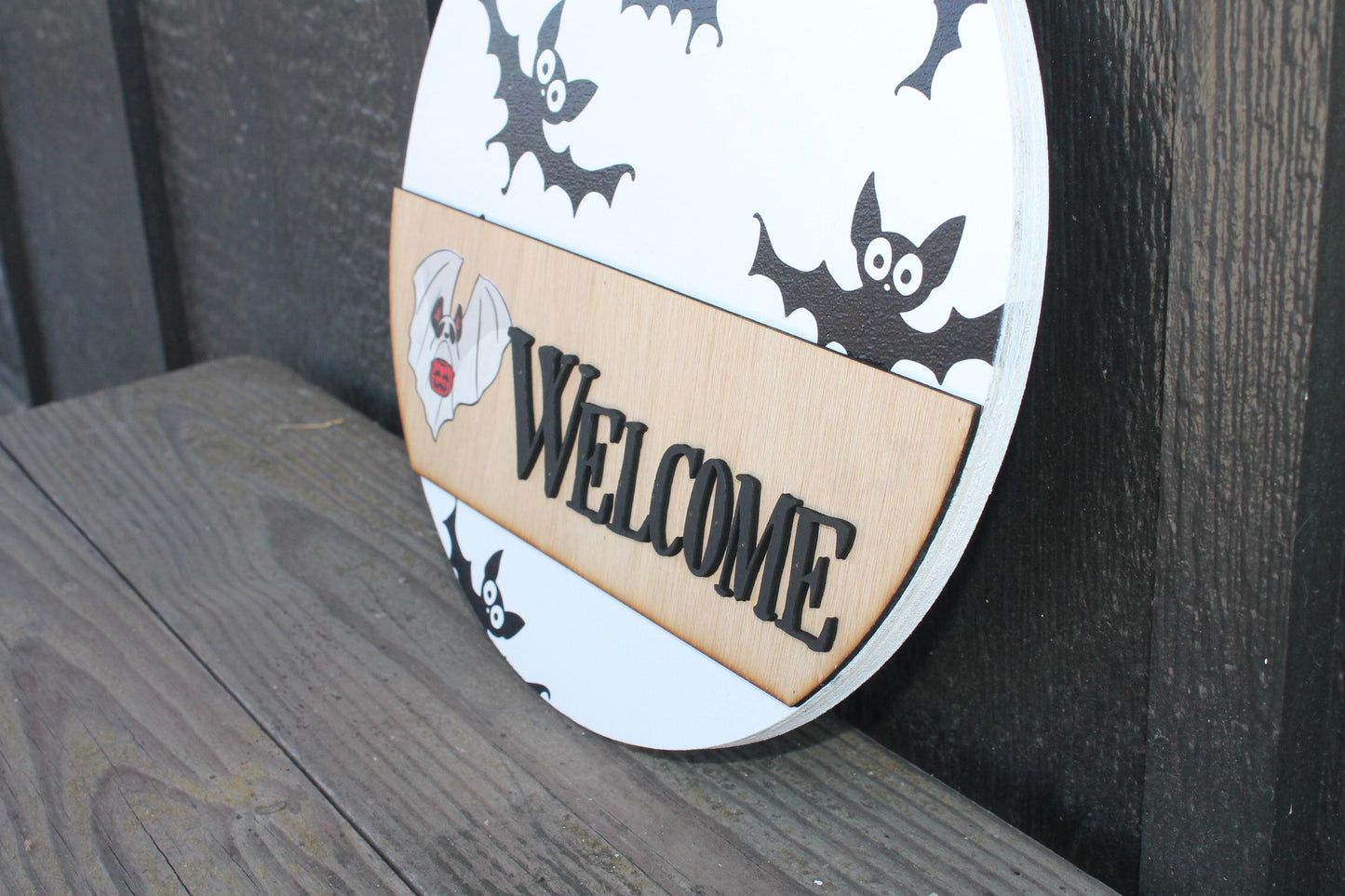 Welcome Ghost Door Hanger Bat Boo Halloween Fall Spooky Sign Round 3D Text Wall Art Decoration Wood Sign