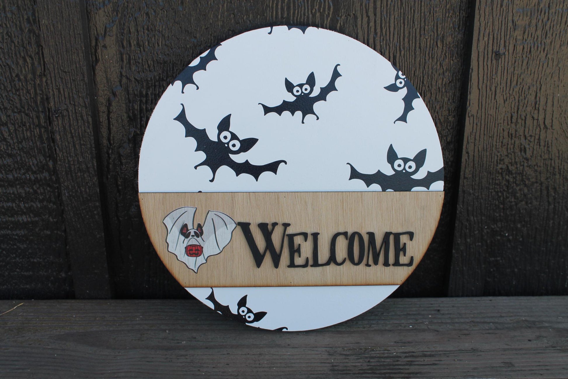 Welcome Ghost Door Hanger Bat Boo Halloween Fall Spooky Sign Round 3D Text Wall Art Decoration Wood Sign