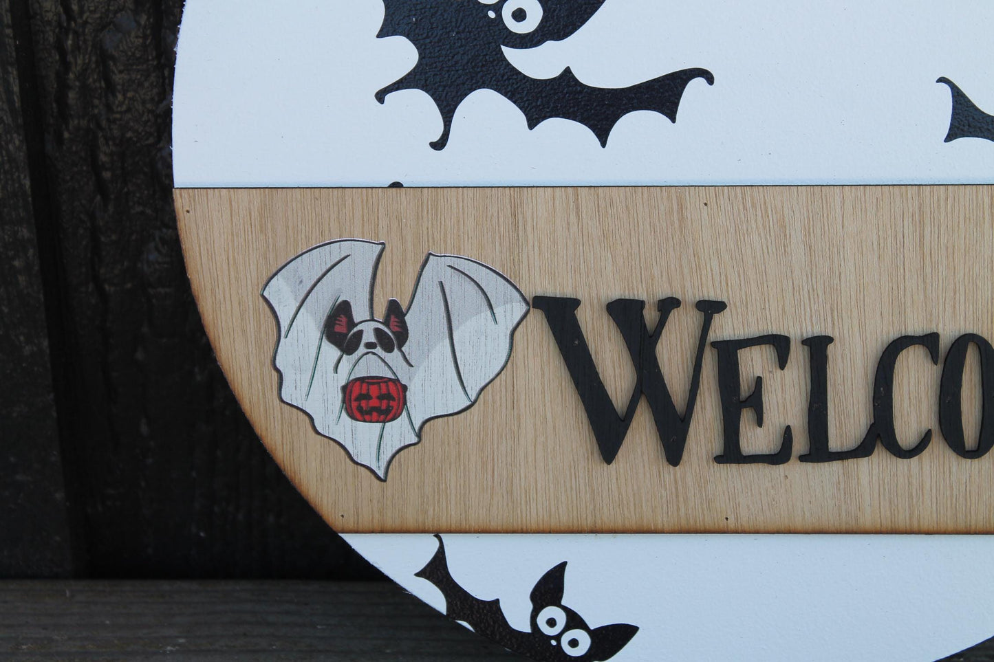 Welcome Ghost Door Hanger Bat Boo Halloween Fall Spooky Sign Round 3D Text Wall Art Decoration Wood Sign