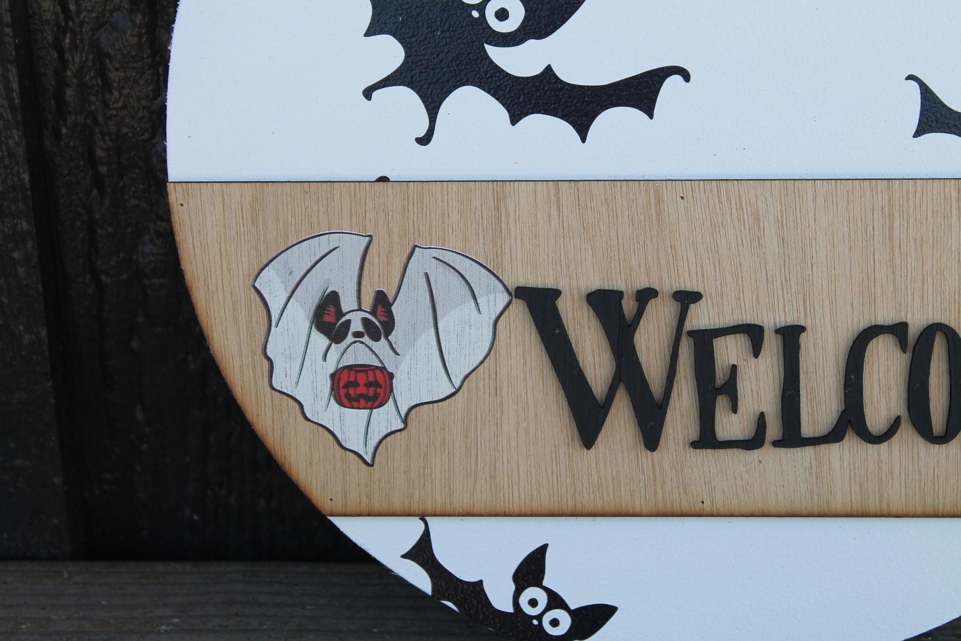 Welcome Ghost Door Hanger Bat Boo Halloween Fall Spooky Sign Round 3D Text Wall Art Decoration Wood Sign