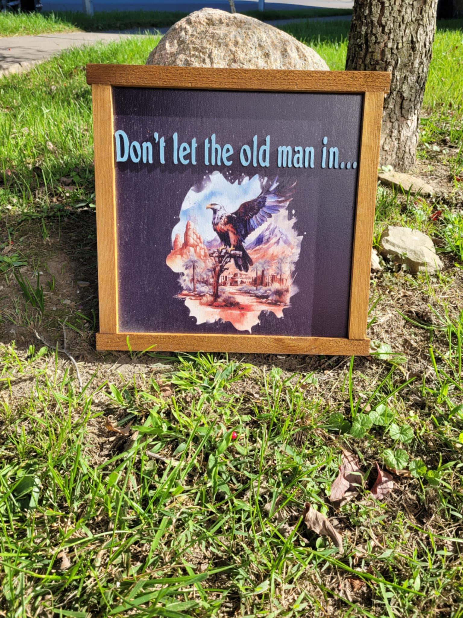 Don't Let The Old Man In Hanging Decorative UV Framed Wood Sign Eagle Country Signage Freedom Western Young At Heart Hawk Bird Decor 3D