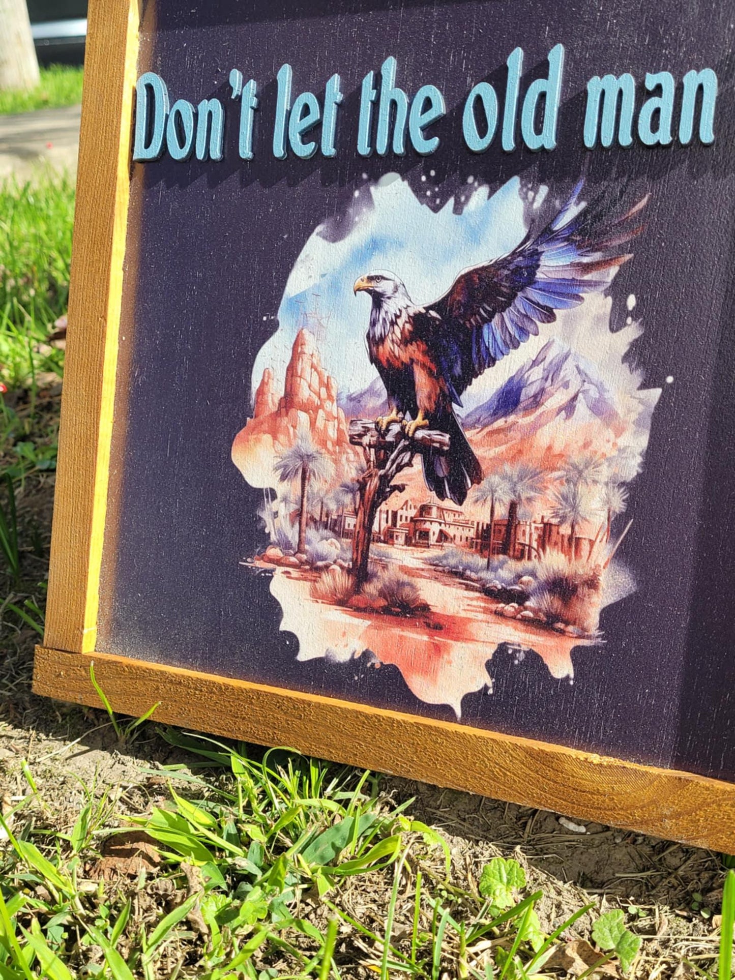 Don't Let The Old Man In Hanging Decorative UV Framed Wood Sign Eagle Country Signage Freedom Western Young At Heart Hawk Bird Decor 3D