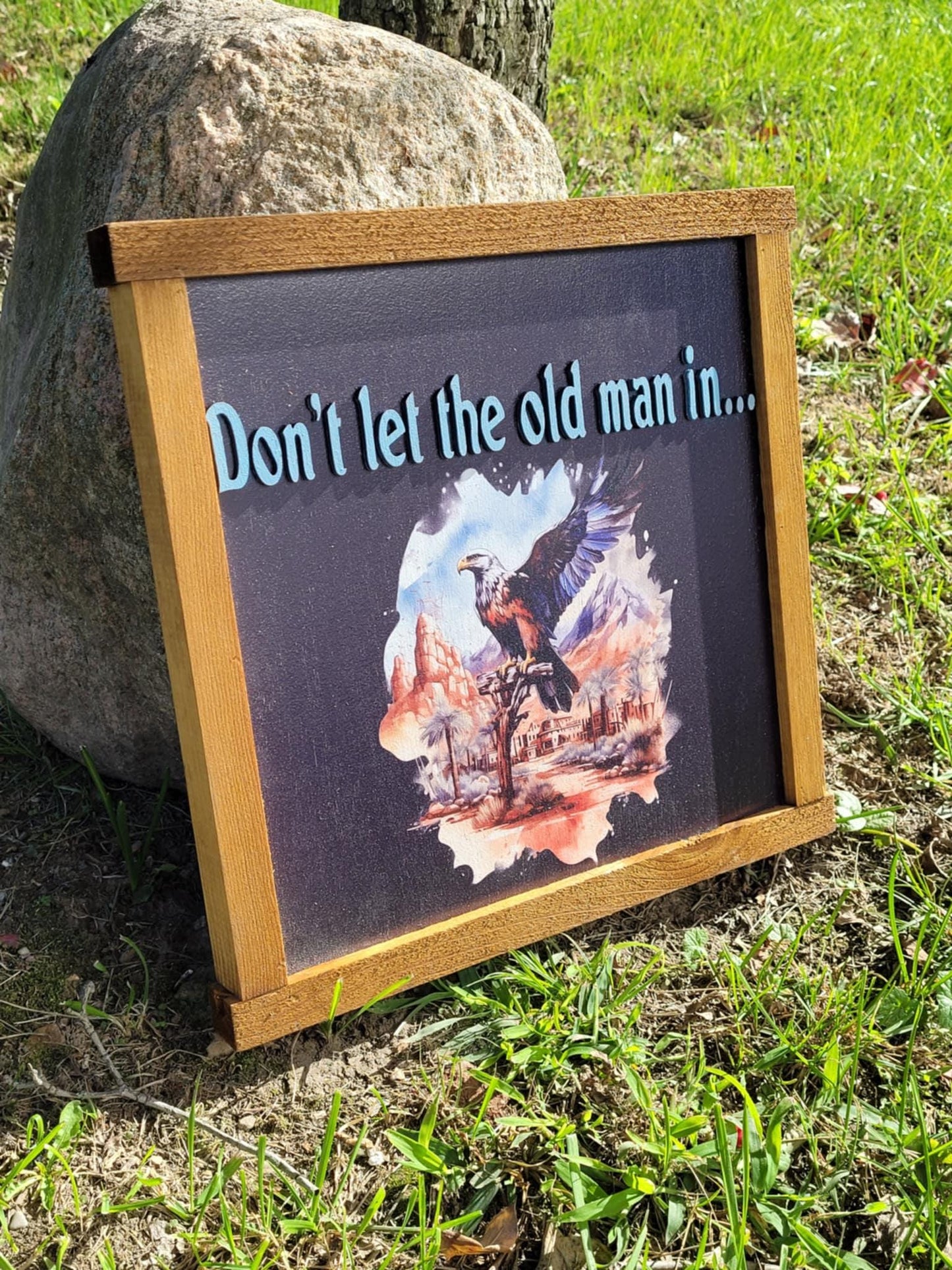 Don't Let The Old Man In Hanging Decorative UV Framed Wood Sign Eagle Country Signage Freedom Western Young At Heart Hawk Bird Decor 3D