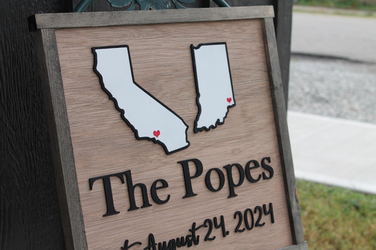 Your Last Name Wood Sign Two States Coming Together Travel 3D Raised Text Location Custom Personalized Your State Established Marriage