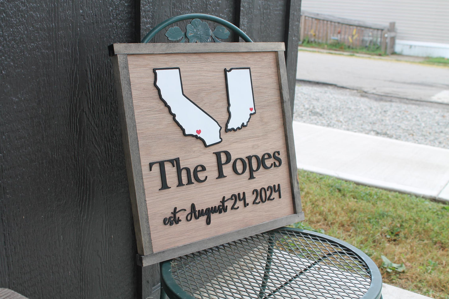 Your Last Name Wood Sign Two States Coming Together Travel 3D Raised Text Location Custom Personalized Your State Established Marriage