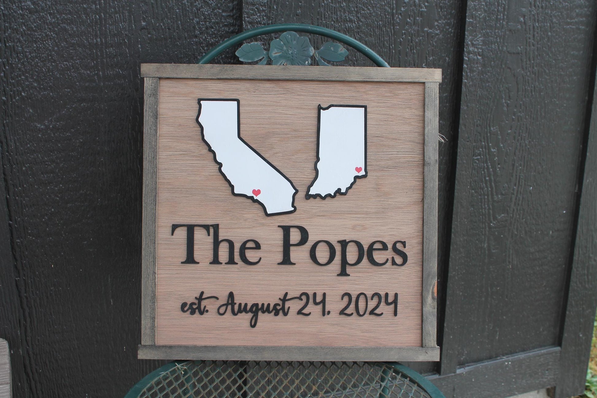 Your Last Name Wood Sign Two States Coming Together Travel 3D Raised Text Location Custom Personalized Your State Established Marriage