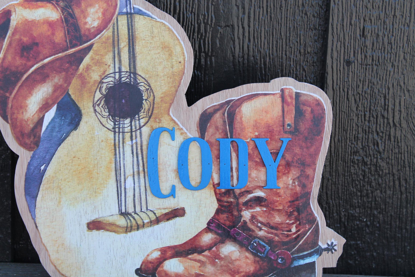 Custom Western Country Your Name Hanging Dorm Door Personalized Sign Contour Cut Wood Guitar Boots Cowboy Hat Nursery Sign Kids Room