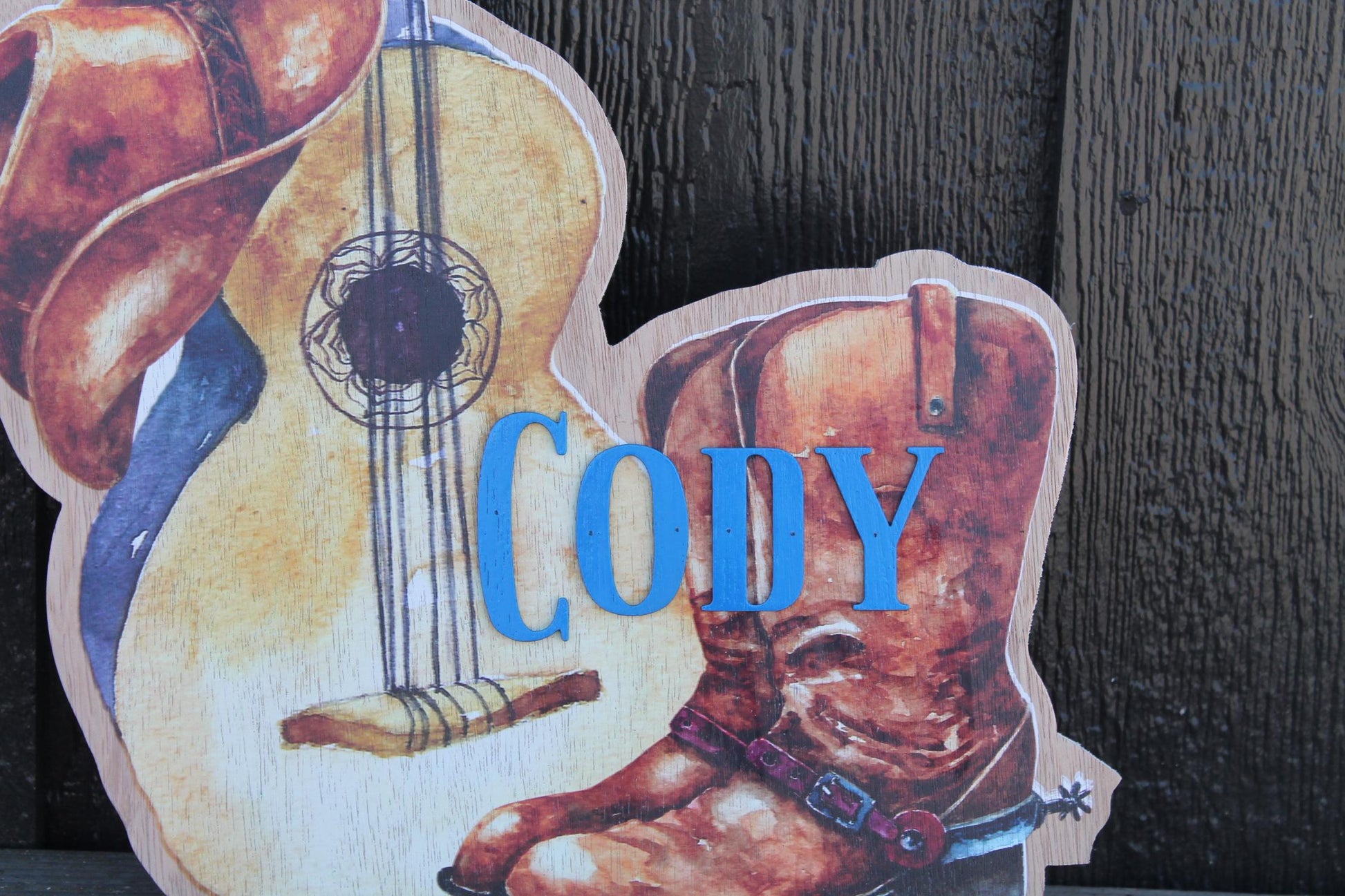 Custom Western Country Your Name Hanging Dorm Door Personalized Sign Contour Cut Wood Guitar Boots Cowboy Hat Nursery Sign Kids Room