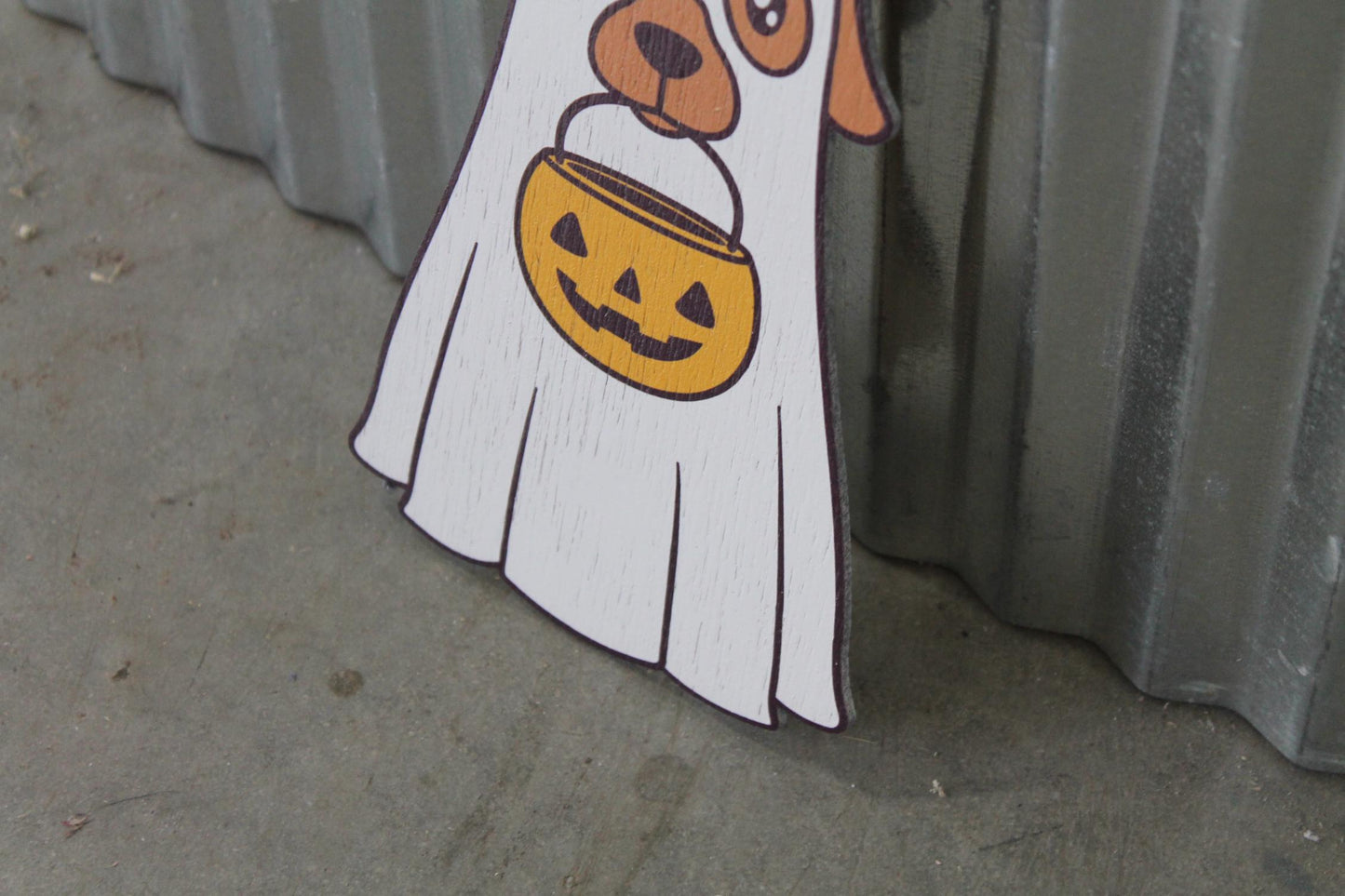 Ghost Dog Costume Cute Lab Golden Retriever Jack-o'-lantern Boo Window Hanging Decorative UV Wood Sign Adorable Signage Halloween Candy