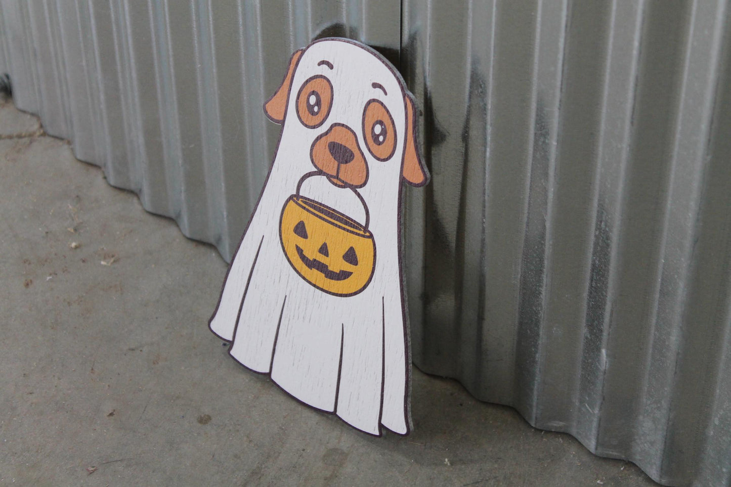 Ghost Dog Costume Cute Lab Golden Retriever Jack-o'-lantern Boo Window Hanging Decorative UV Wood Sign Adorable Signage Halloween Candy