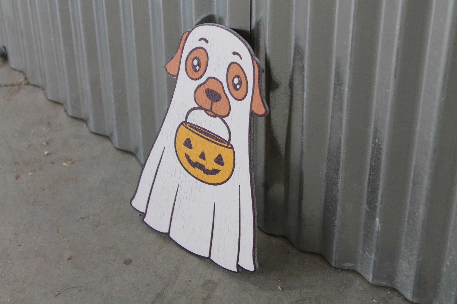 Ghost Dog Costume Cute Lab Golden Retriever Jack-o'-lantern Boo Window Hanging Decorative UV Wood Sign Adorable Signage Halloween Candy