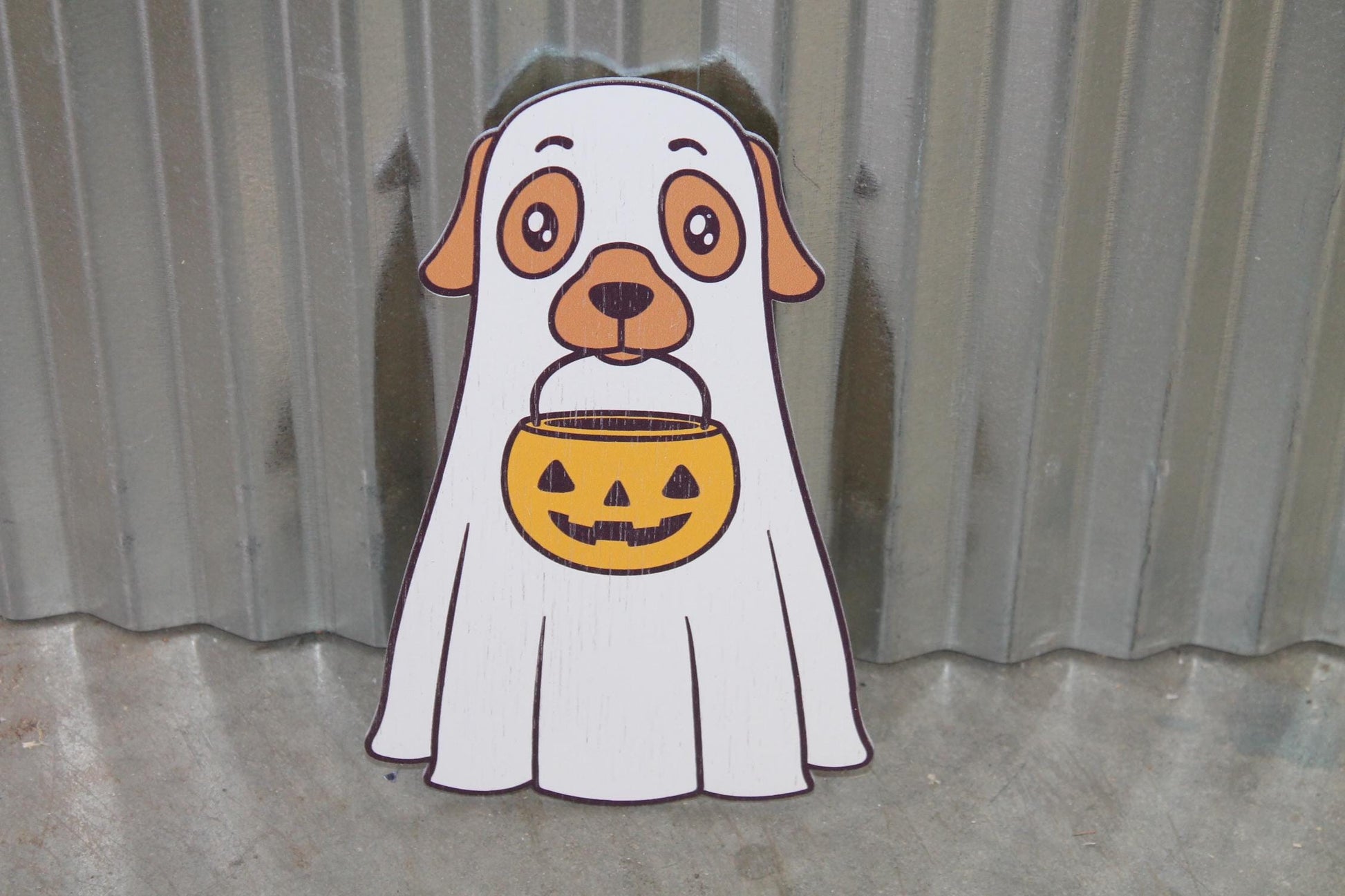 Ghost Dog Costume Cute Lab Golden Retriever Jack-o'-lantern Boo Window Hanging Decorative UV Wood Sign Adorable Signage Halloween Candy