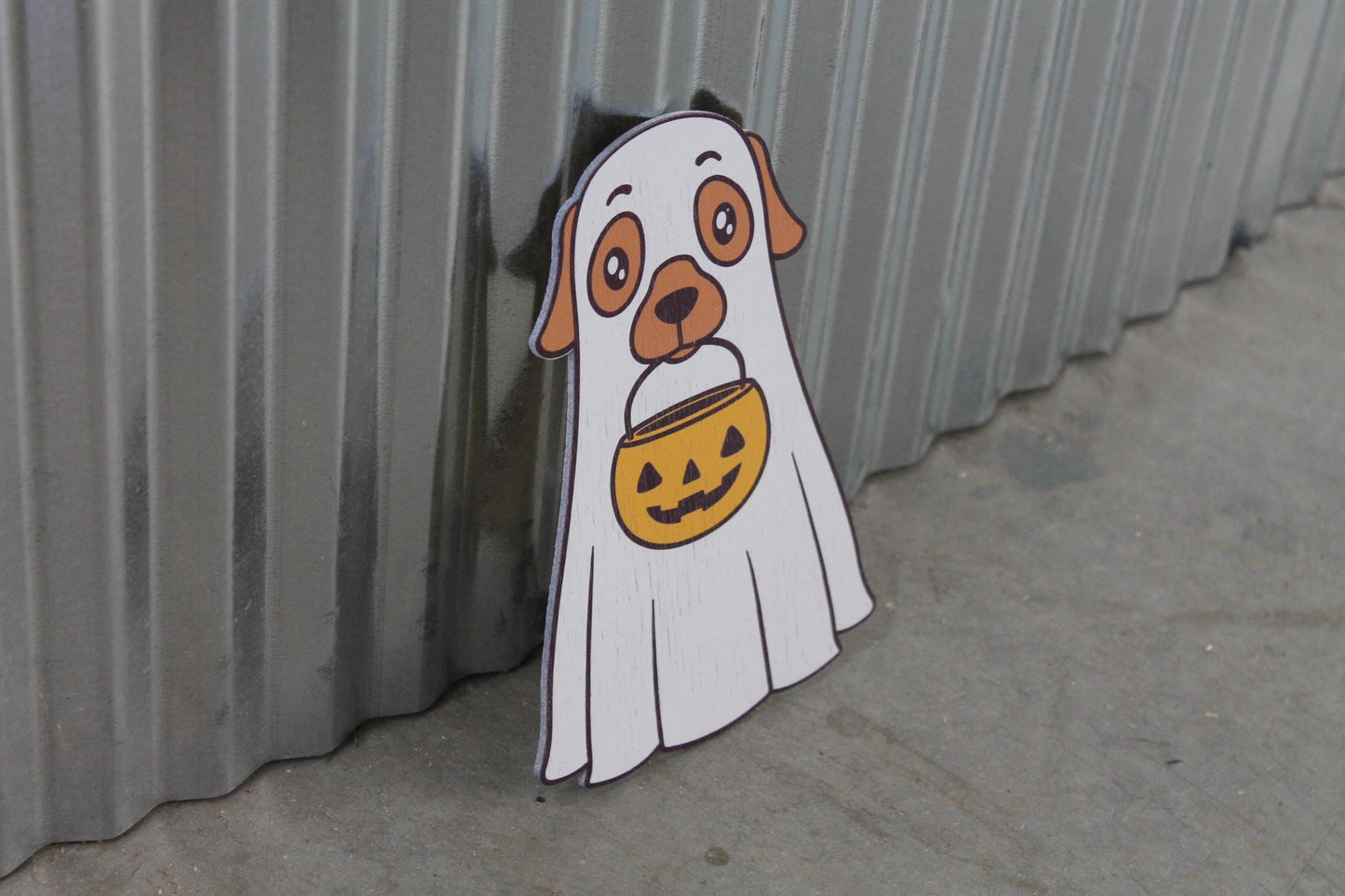 Ghost Dog Costume Cute Lab Golden Retriever Jack-o'-lantern Boo Window Hanging Decorative UV Wood Sign Adorable Signage Halloween Candy