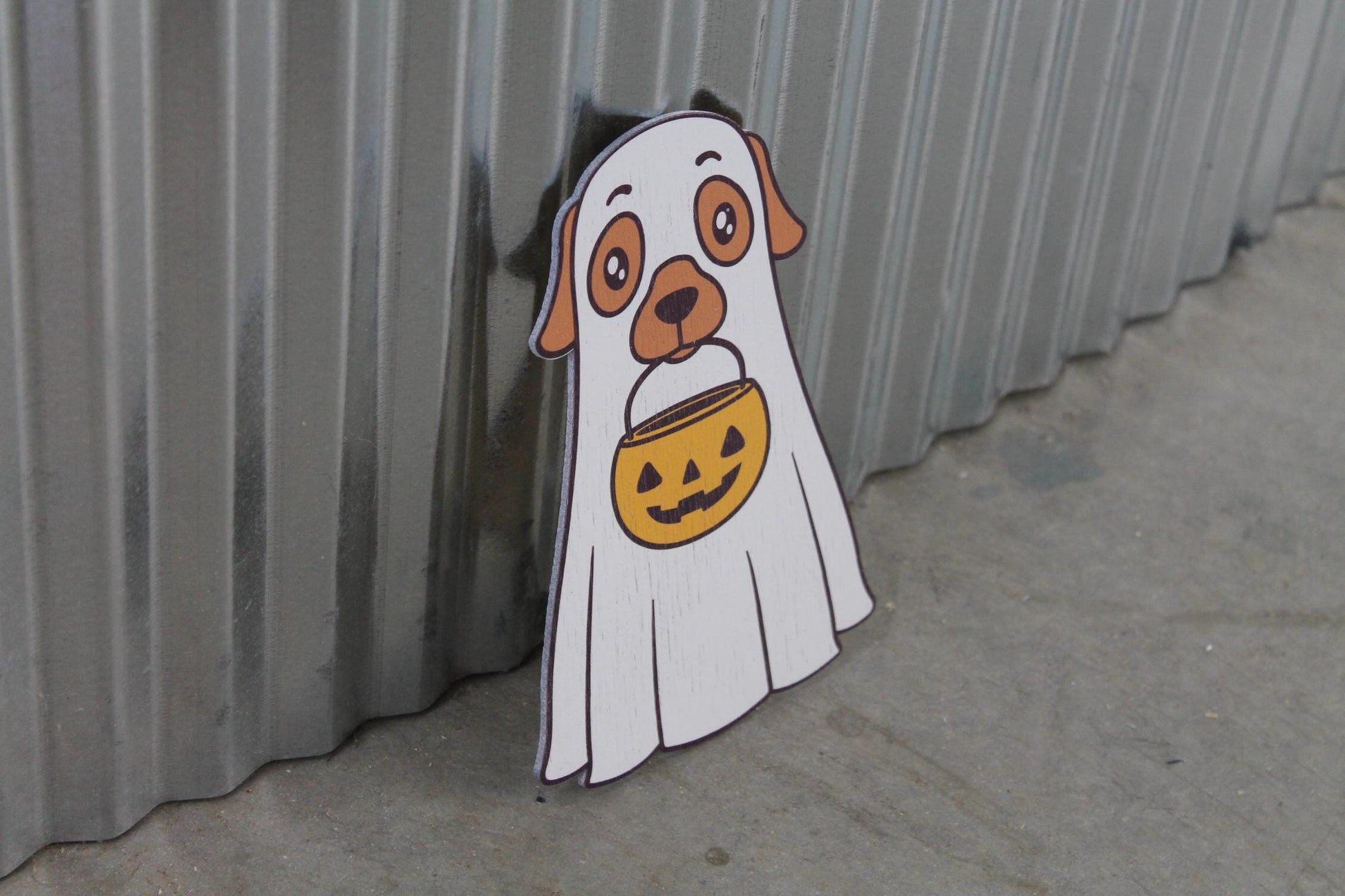 Ghost Dog Costume Cute Lab Golden Retriever Jack-o'-lantern Boo Window Hanging Decorative UV Wood Sign Adorable Signage Halloween Candy