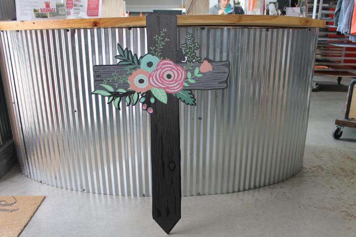 Contour Cut Cross Floral Roses Easter Christian Outdoor Weather Proof PVC Textured Woodgrain Flowers Nailed Jesus Colorful Decor Tall