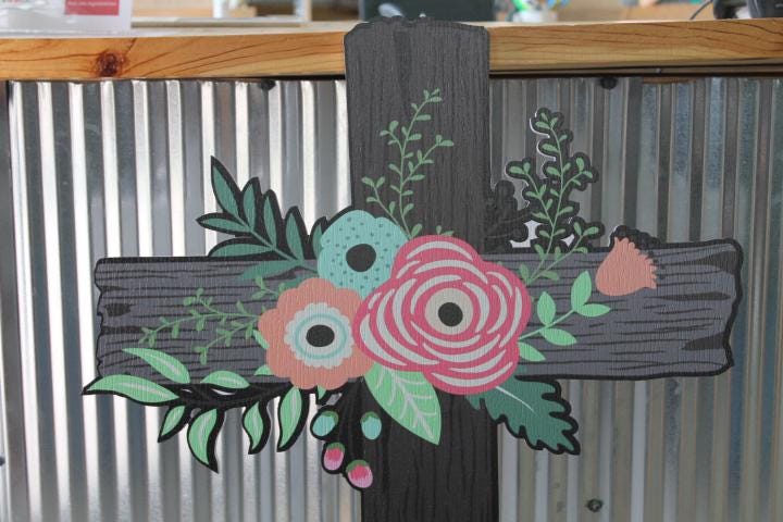 Contour Cut Cross Floral Roses Easter Christian Outdoor Weather Proof PVC Textured Woodgrain Flowers Nailed Jesus Colorful Decor Tall