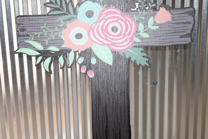 Contour Cut Cross Floral Roses Easter Christian Outdoor Weather Proof PVC Textured Woodgrain Flowers Nailed Jesus Colorful Decor Tall