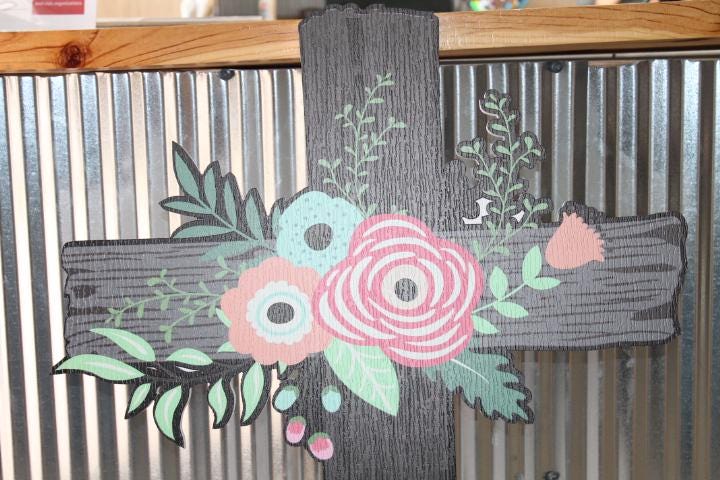 Contour Cut Cross Floral Roses Easter Christian Outdoor Weather Proof PVC Textured Woodgrain Flowers Nailed Jesus Colorful Decor Tall