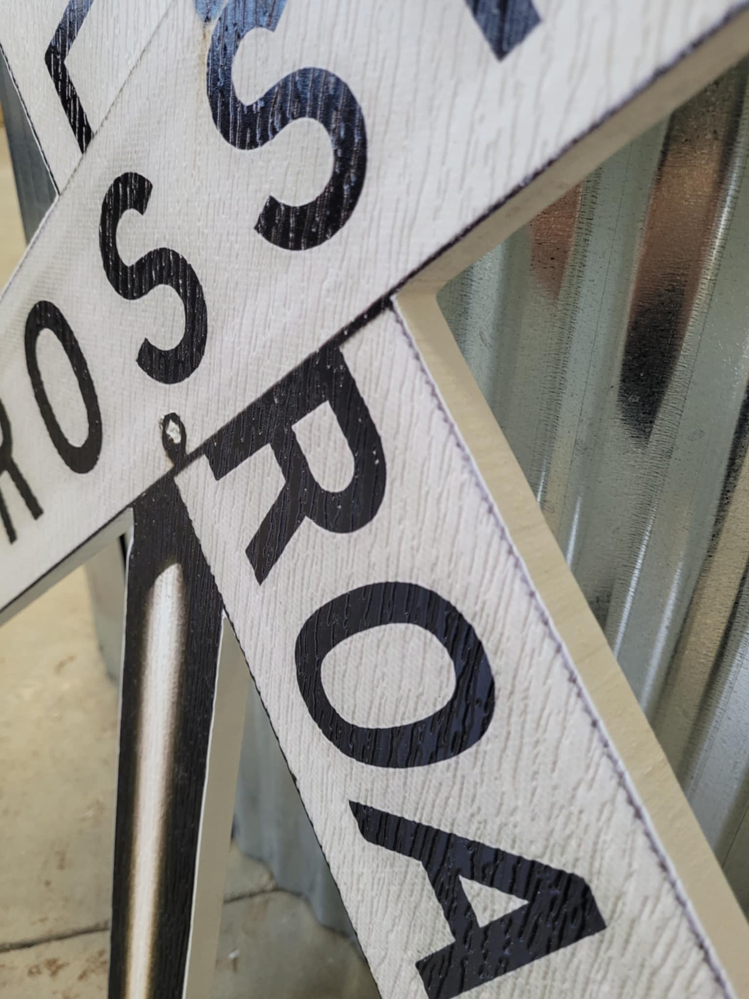 Contour Cut Rail Road Crossing Large Outdoor Weather Proof PVC Textured Woodgrain Train Cross X Caution Slow Beware Railroad Tracks