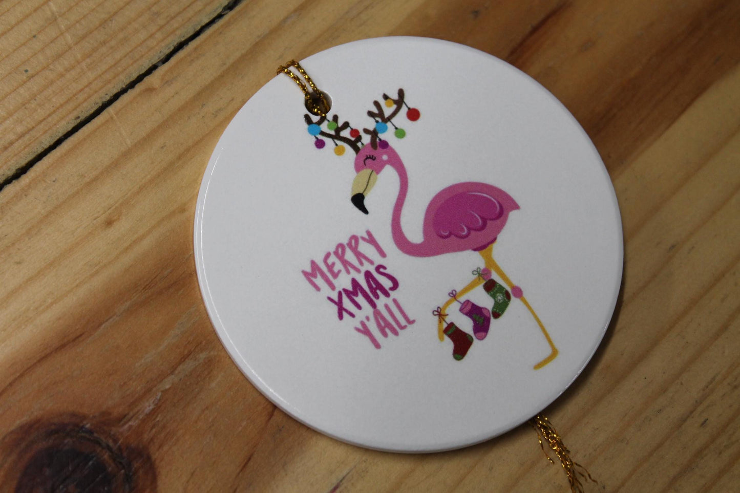 Merry XMas Yall Flamingo Holiday Ceramic Christmas tree Decoration Animal Ornament Decor Circle Gift Hanging Circle Bird Beach Bird Ocean