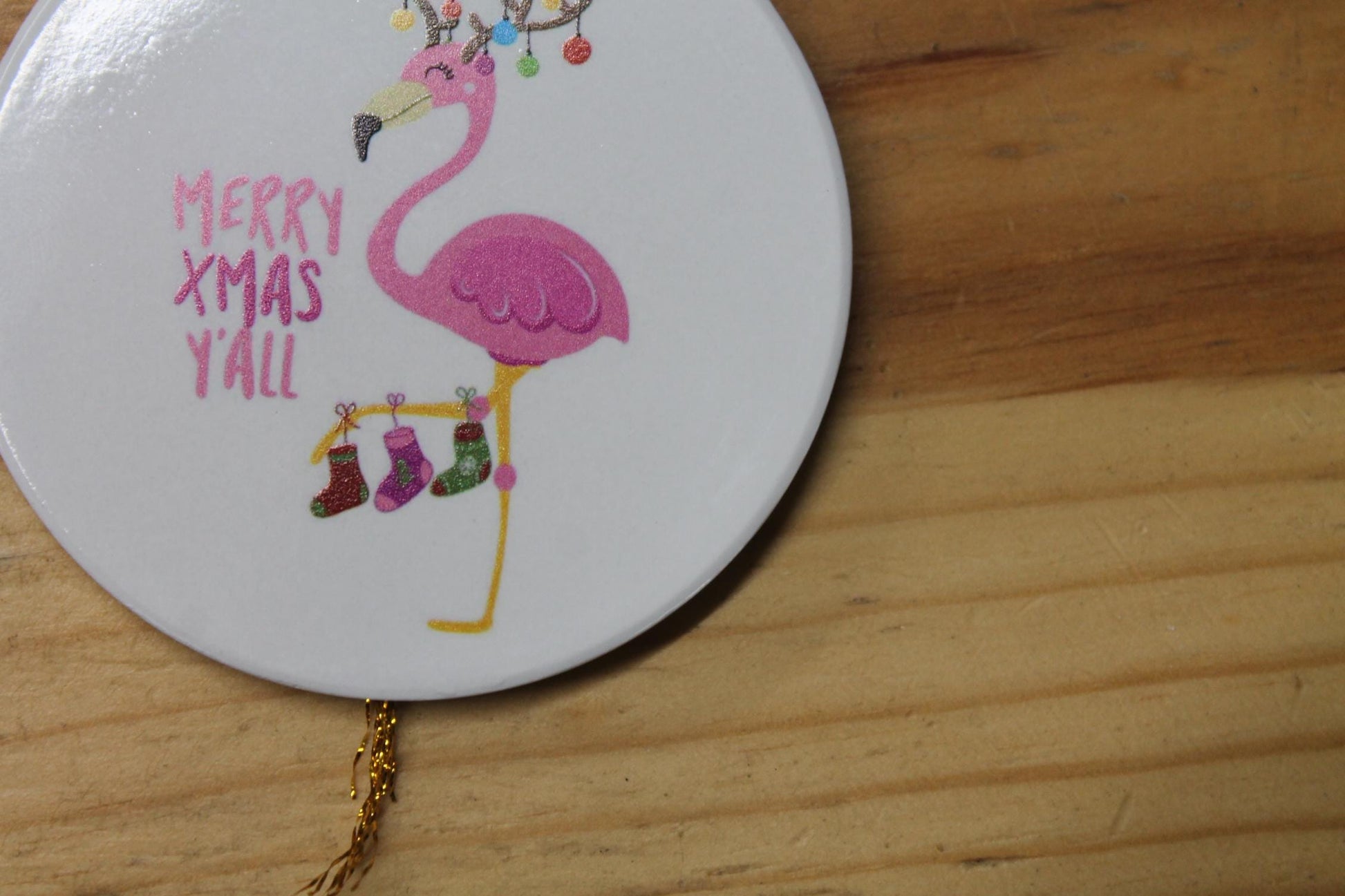 Merry XMas Yall Flamingo Holiday Ceramic Christmas tree Decoration Animal Ornament Decor Circle Gift Hanging Circle Bird Beach Bird Ocean
