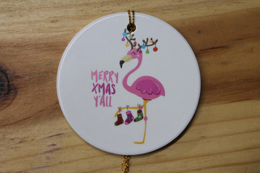 Merry XMas Yall Flamingo Holiday Ceramic Christmas tree Decoration Animal Ornament Decor Circle Gift Hanging Circle Bird Beach Bird Ocean