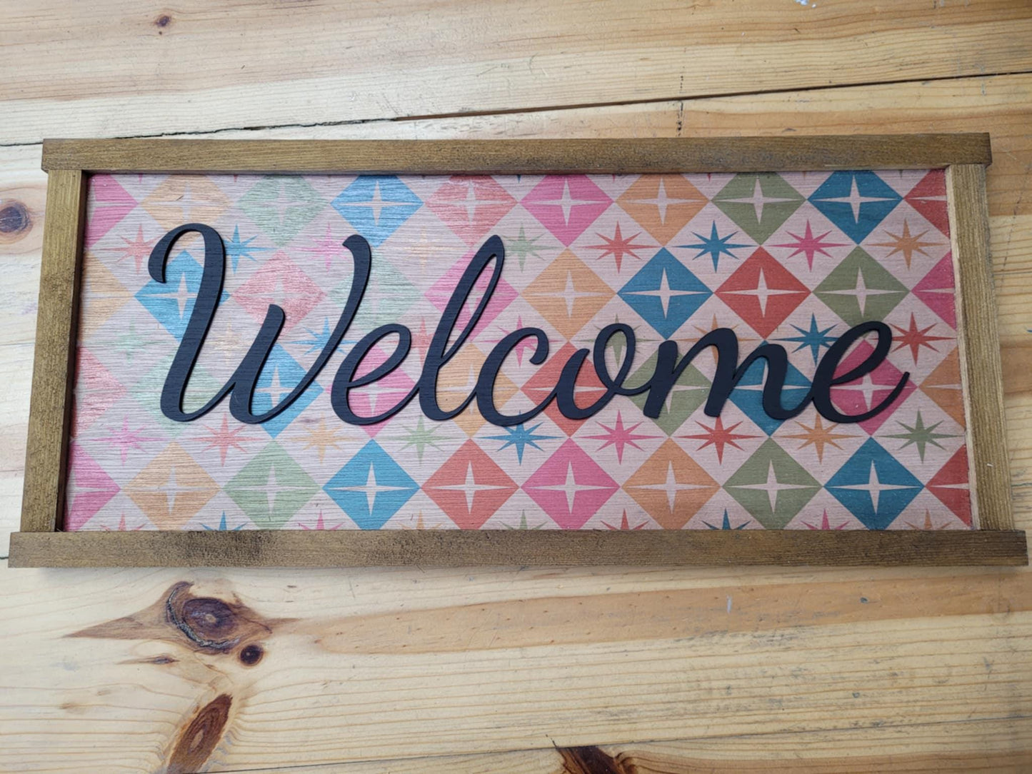 Welcome Wood Sign UV Ink 3D Raised Text Pink and Orange Font Script Homey Country Sign Farmhouse Rustic Primitive Framed Housewarming Gift
