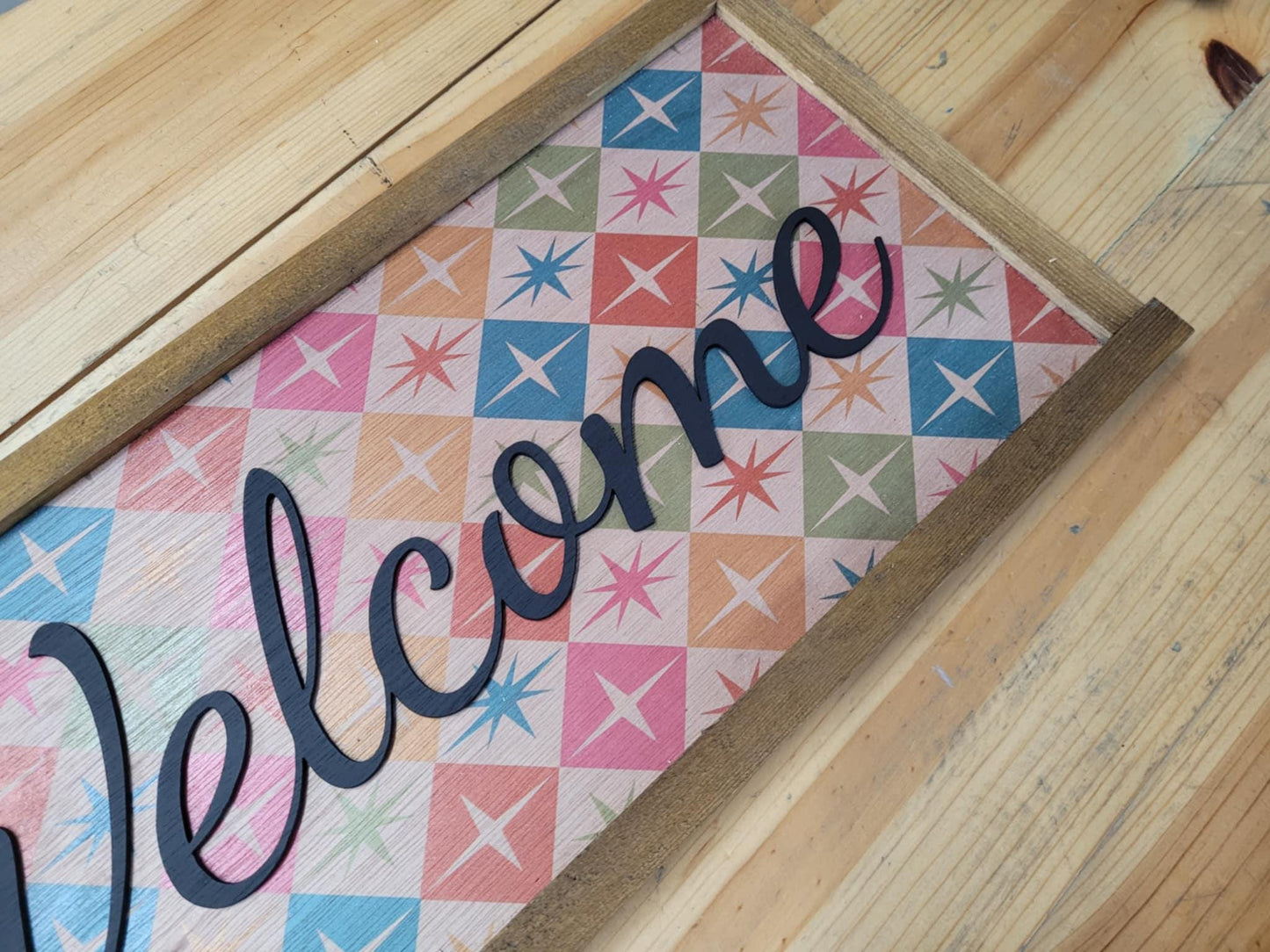 Welcome Wood Sign UV Ink 3D Raised Text Pink and Orange Font Script Homey Country Sign Farmhouse Rustic Primitive Framed Housewarming Gift