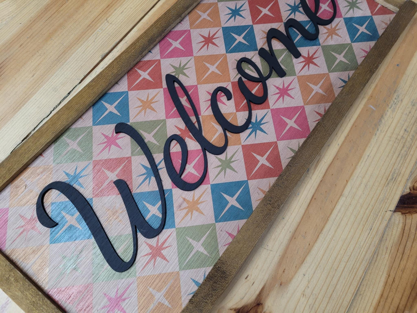 Welcome Wood Sign UV Ink 3D Raised Text Pink and Orange Font Script Homey Country Sign Farmhouse Rustic Primitive Framed Housewarming Gift