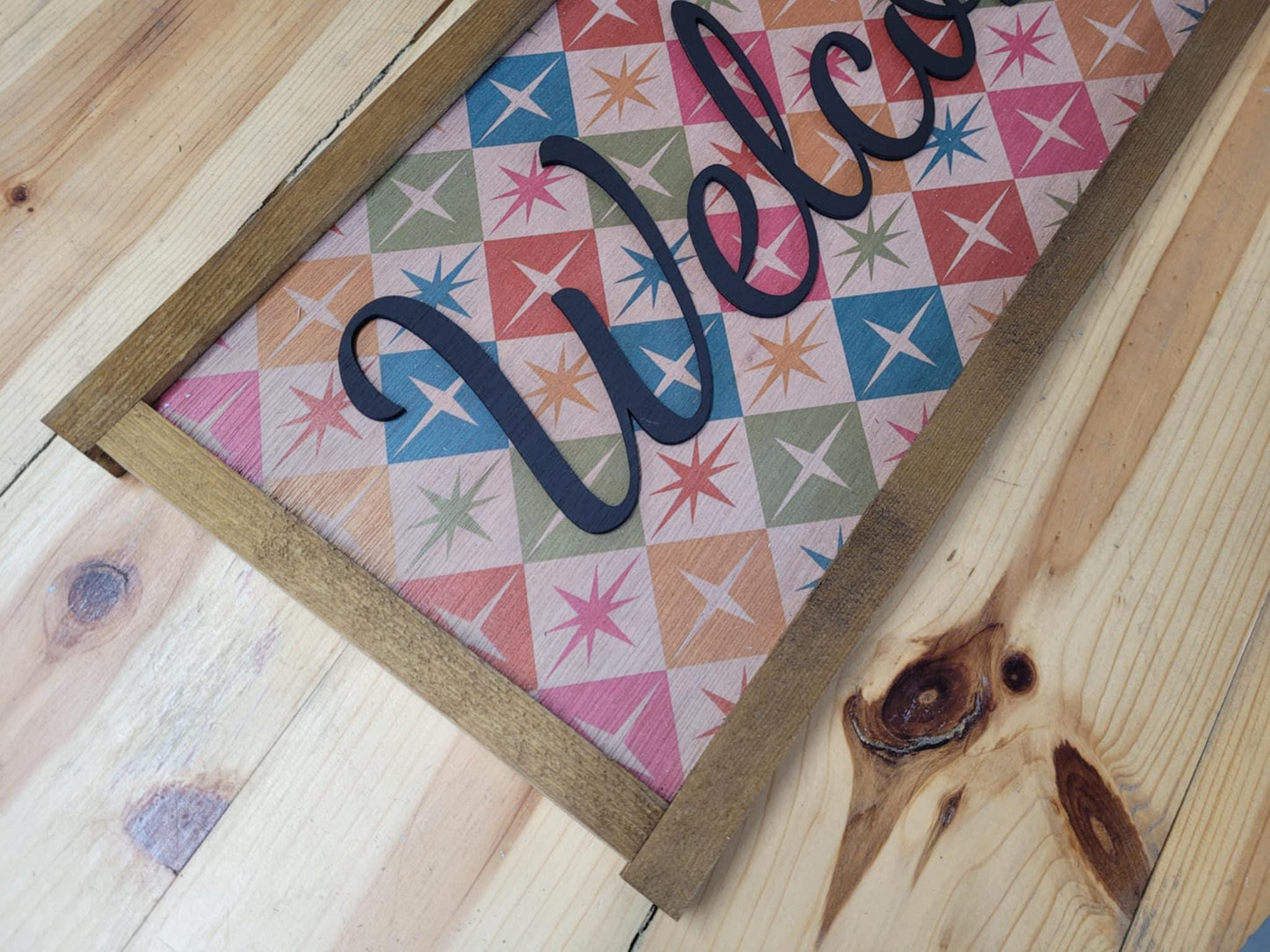 Welcome Wood Sign UV Ink 3D Raised Text Pink and Orange Font Script Homey Country Sign Farmhouse Rustic Primitive Framed Housewarming Gift