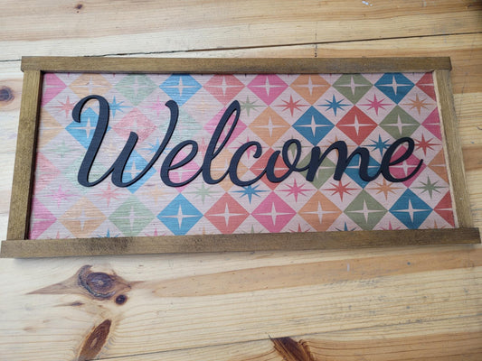 Welcome Wood Sign UV Ink 3D Raised Text Pink and Orange Font Script Homey Country Sign Farmhouse Rustic Primitive Framed Housewarming Gift