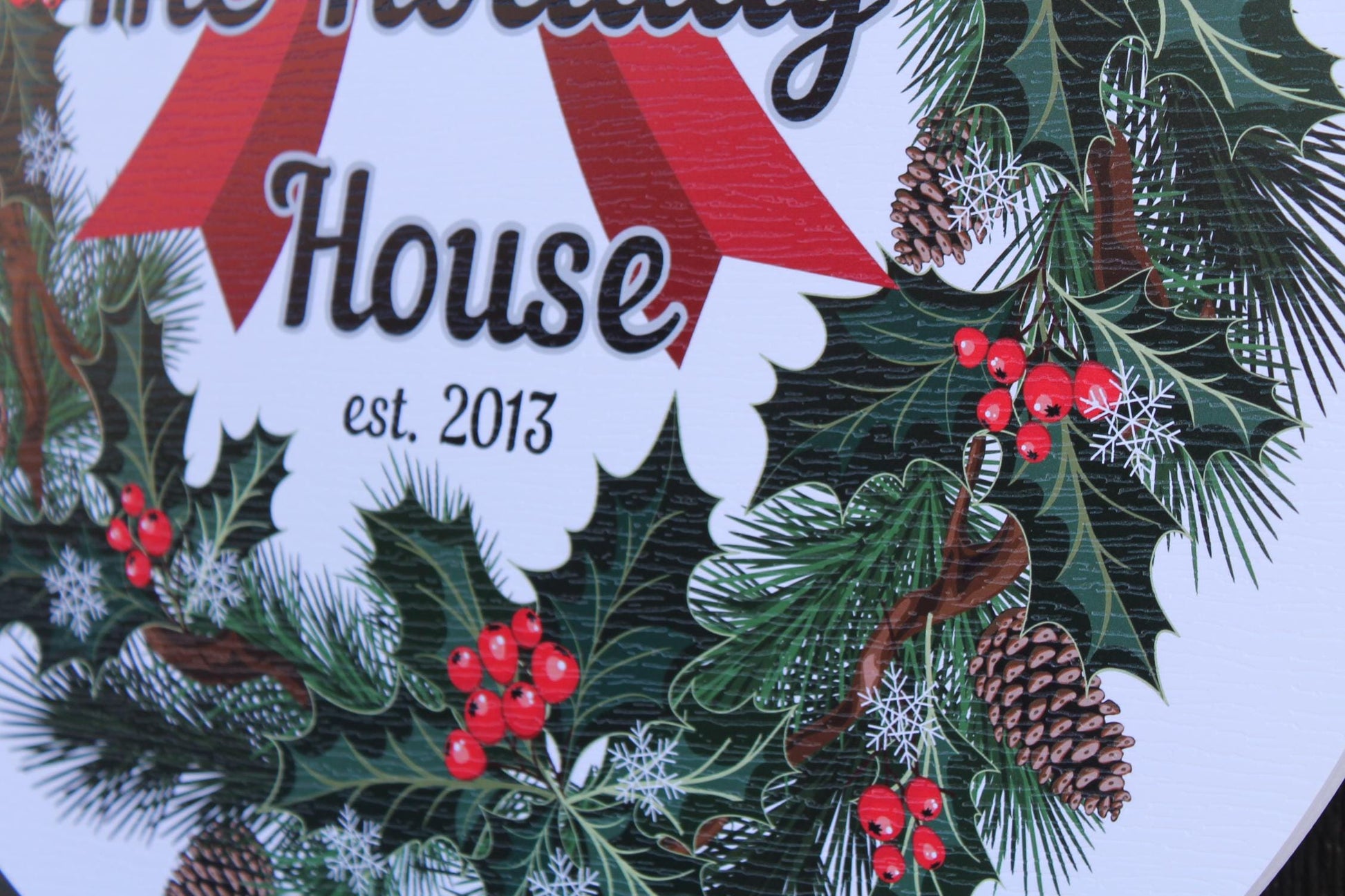 Custom Wreath Holiday Family Bow House Warming Weatherproof pvc Sign Textured Personalized Round Circle Signage hanging wall mounted