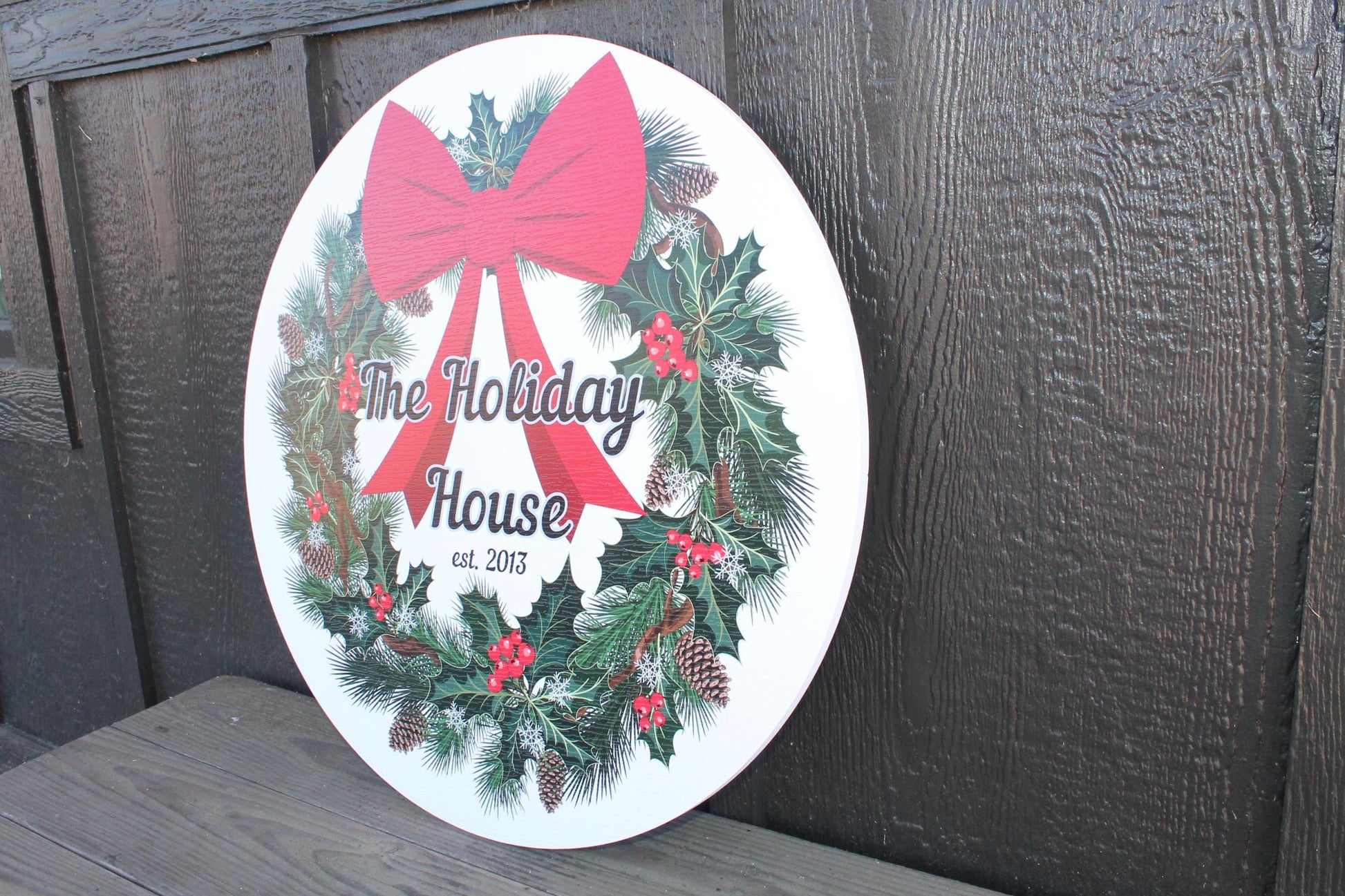 Custom Wreath Holiday Family Bow House Warming Weatherproof pvc Sign Textured Personalized Round Circle Signage hanging wall mounted