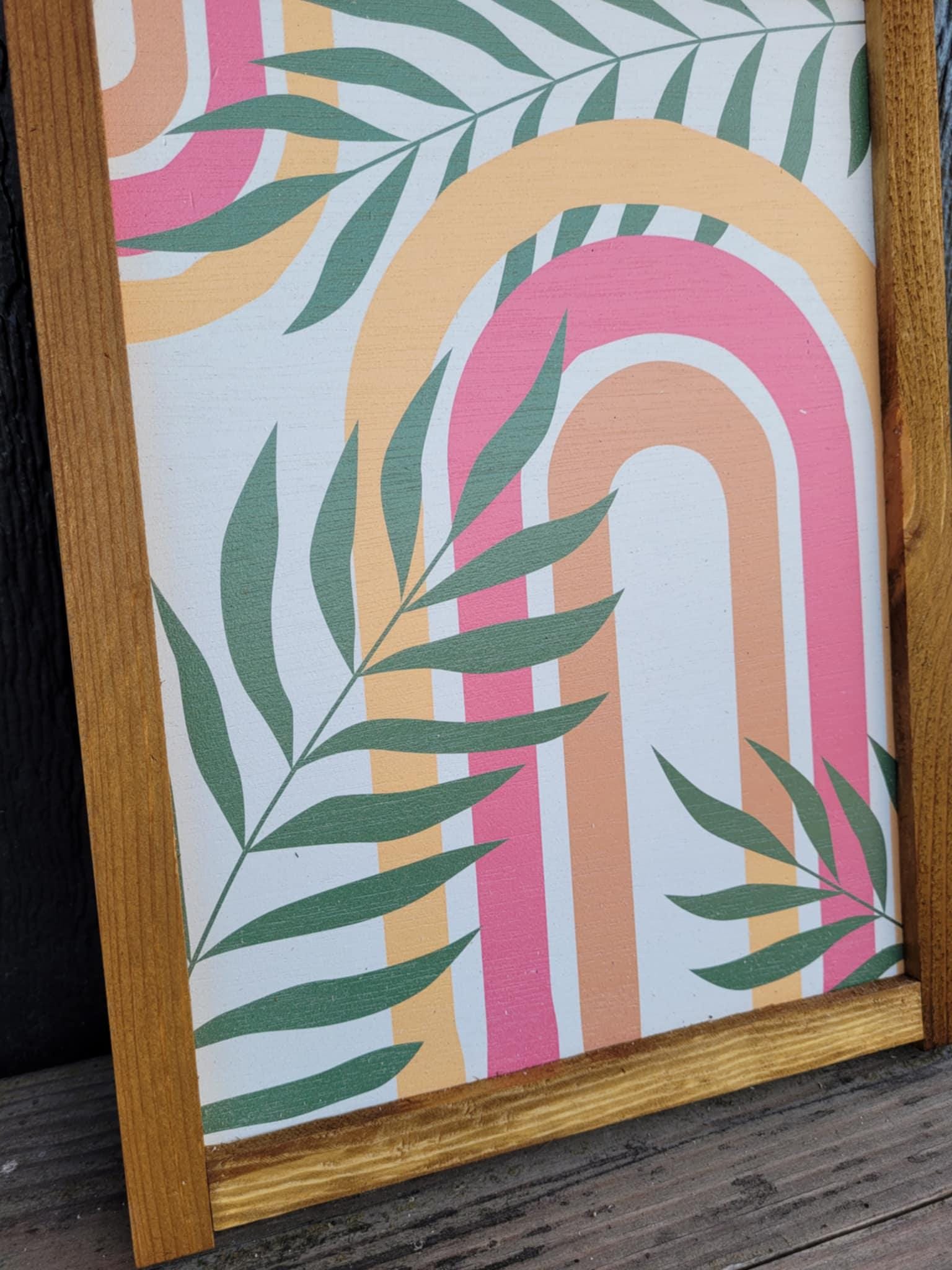 Rainbow Leaf Jungle Wood Sign UV Framed Cute Colorful Pink Minimalistic Country Cottagecore Primitive Framed Wall Hanging Porch Decor