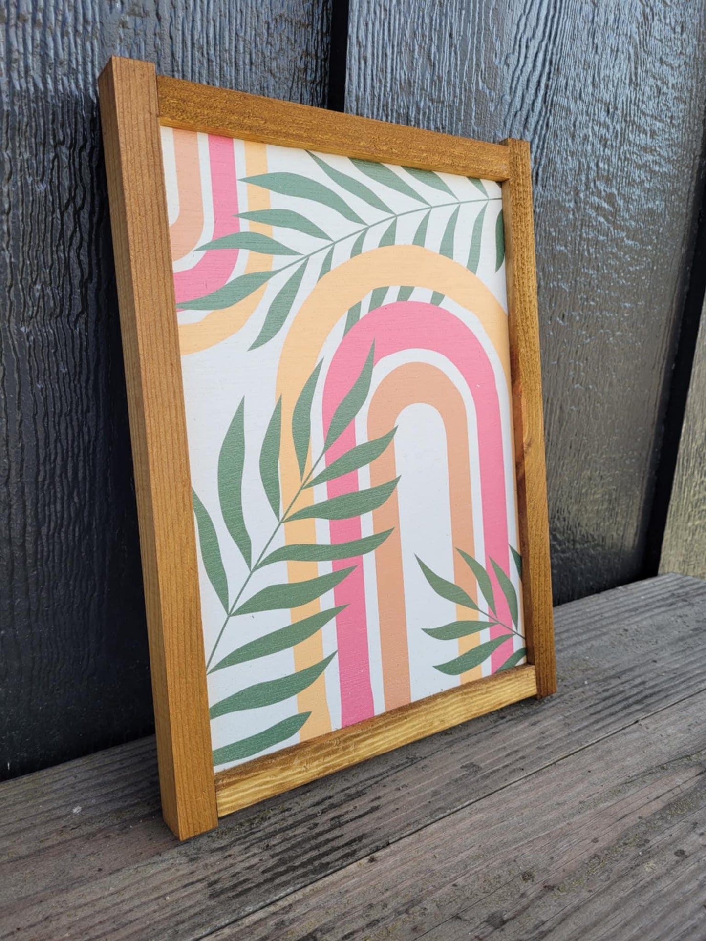 Rainbow Leaf Jungle Wood Sign UV Framed Cute Colorful Pink Minimalistic Country Cottagecore Primitive Framed Wall Hanging Porch Decor
