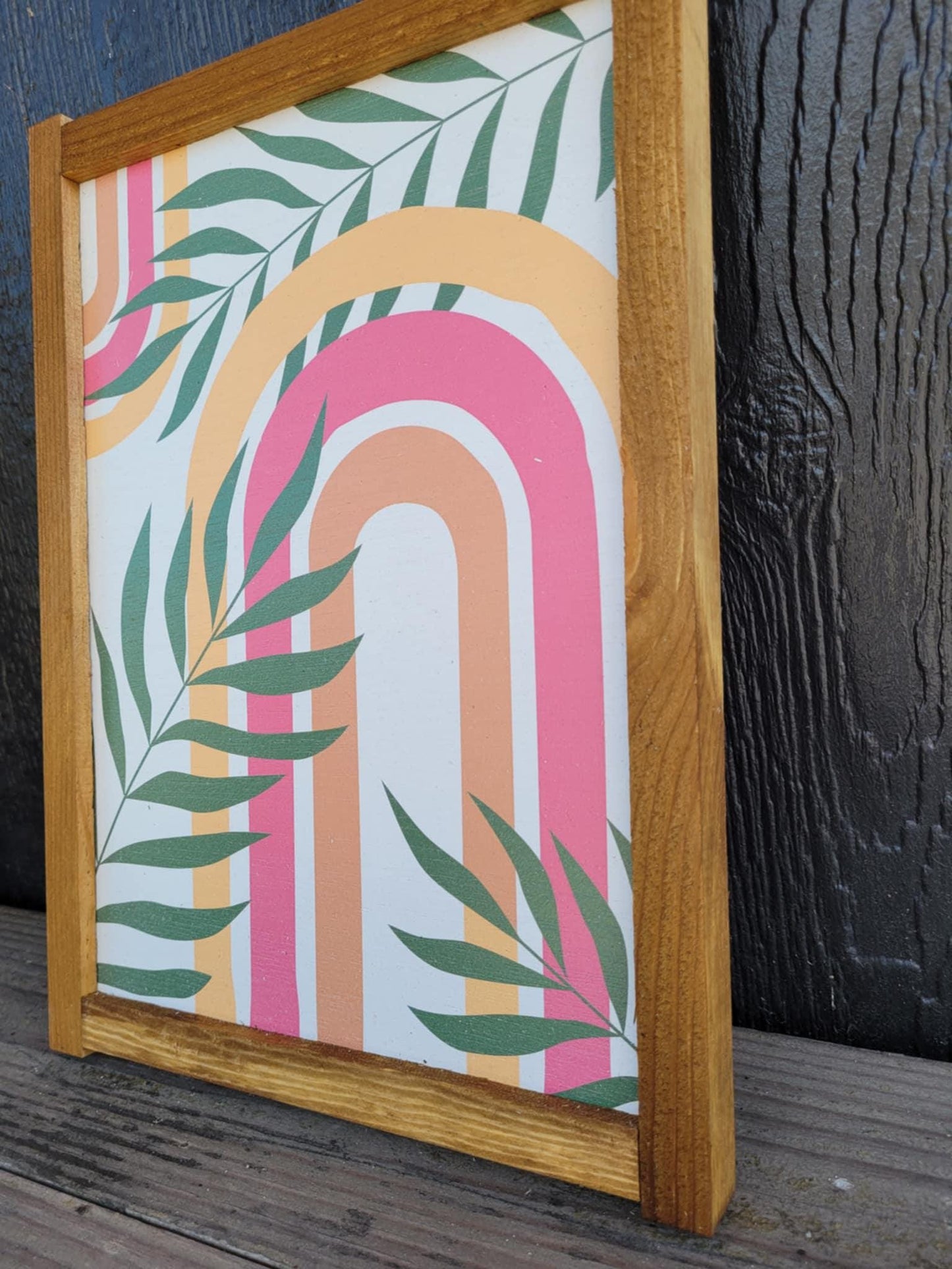 Rainbow Leaf Jungle Wood Sign UV Framed Cute Colorful Pink Minimalistic Country Cottagecore Primitive Framed Wall Hanging Porch Decor
