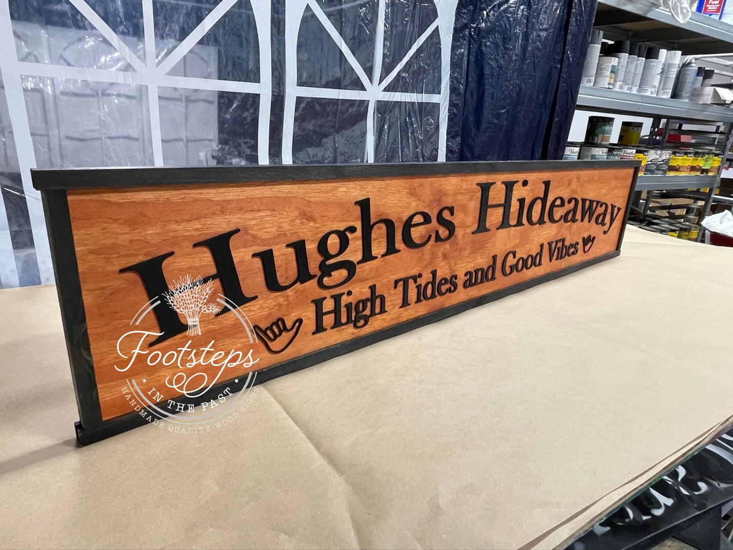 Large Custom Ranch Sign High Tides Good Vibes Over-sized Rustic Business Logo Wood Laser Cut Out 3D Extra Large Sign Footstepsinthepast
