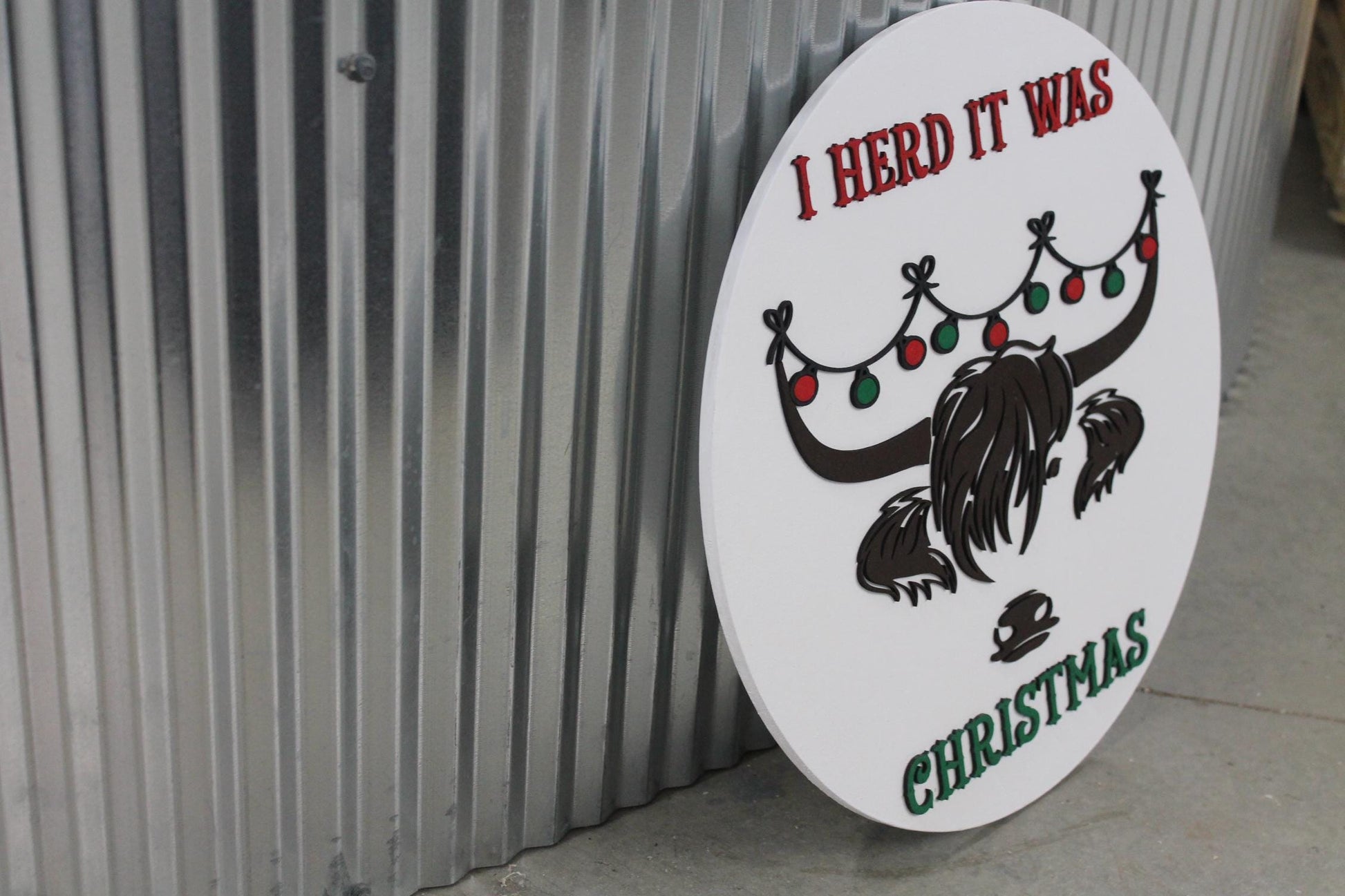 I Herd It Was Christmas Highland Cow Heifer Holiday Festive Fluffy Ornament Large Circle gift Round 3D Raised Cute Laser Cut wood Sign Decor