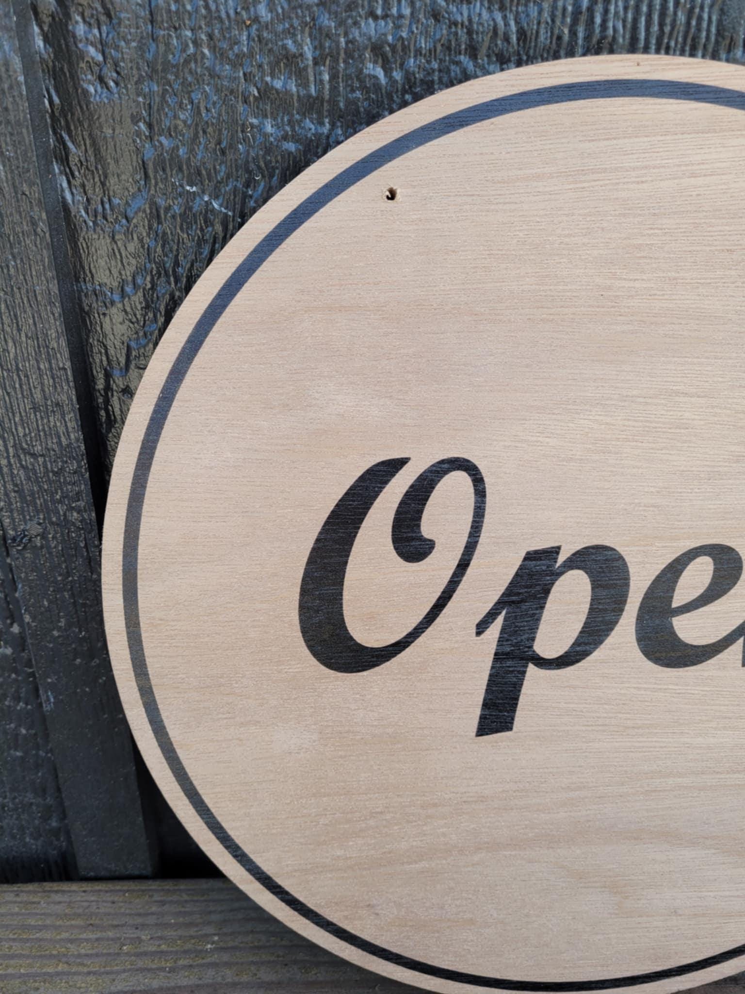 Open Window Hanging Small Business UV Wood Sign Commercial Signage Door Out Front Shop Round Circle Simple Modern Double sided