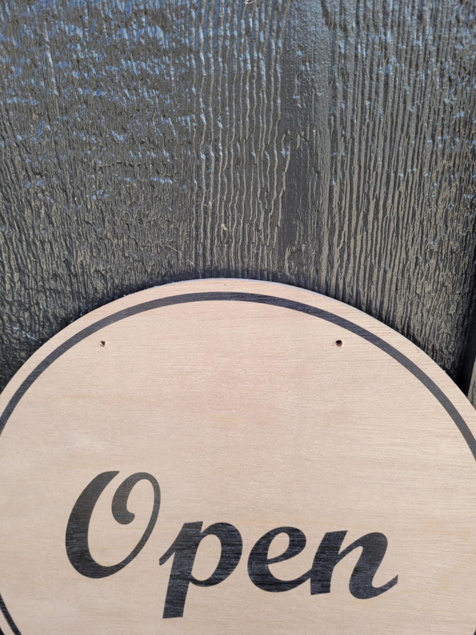 Open Window Hanging Small Business UV Wood Sign Commercial Signage Door Out Front Shop Round Circle Simple Modern Double sided