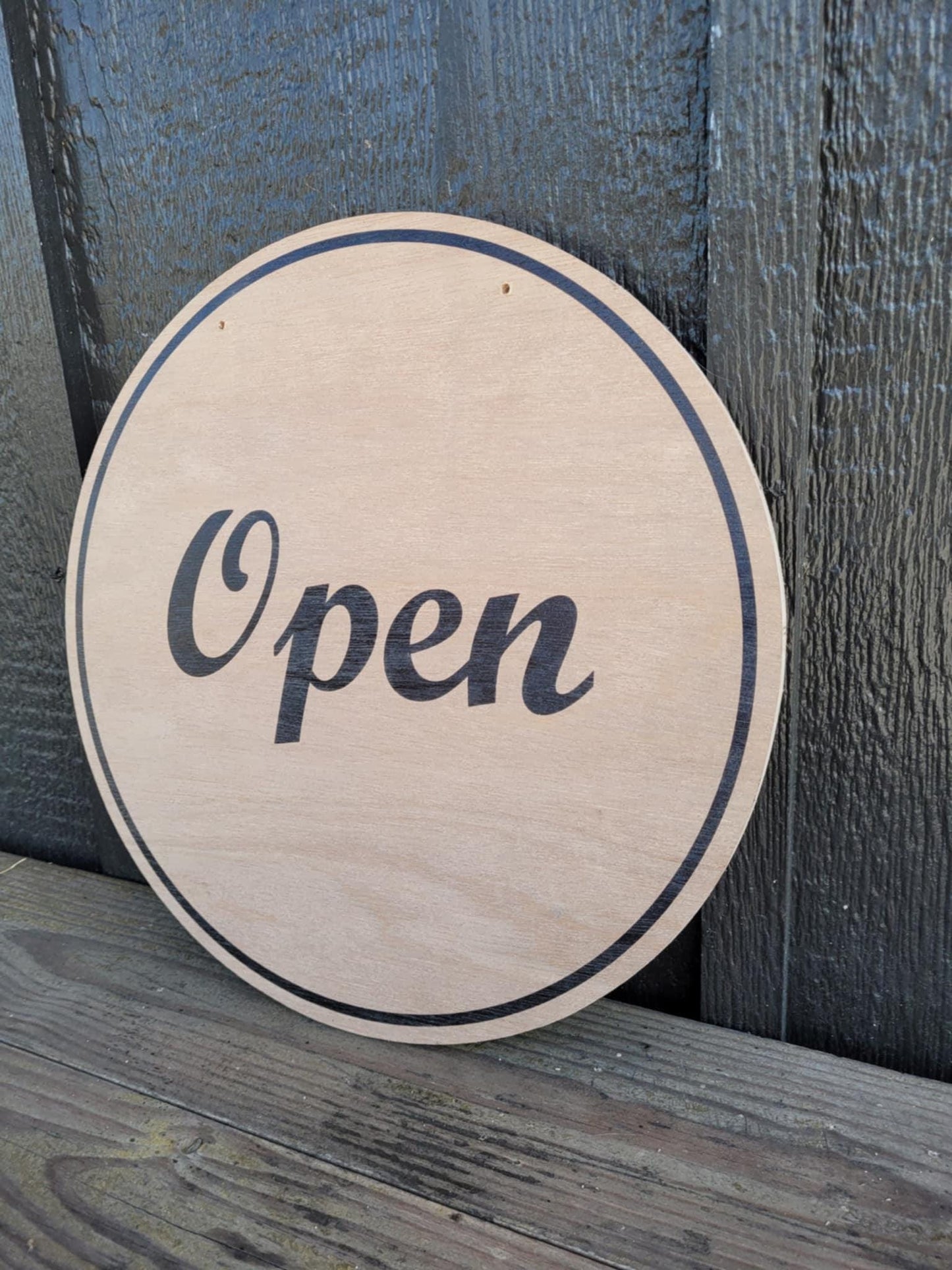 Open Window Hanging Small Business UV Wood Sign Commercial Signage Door Out Front Shop Round Circle Simple Modern Double sided